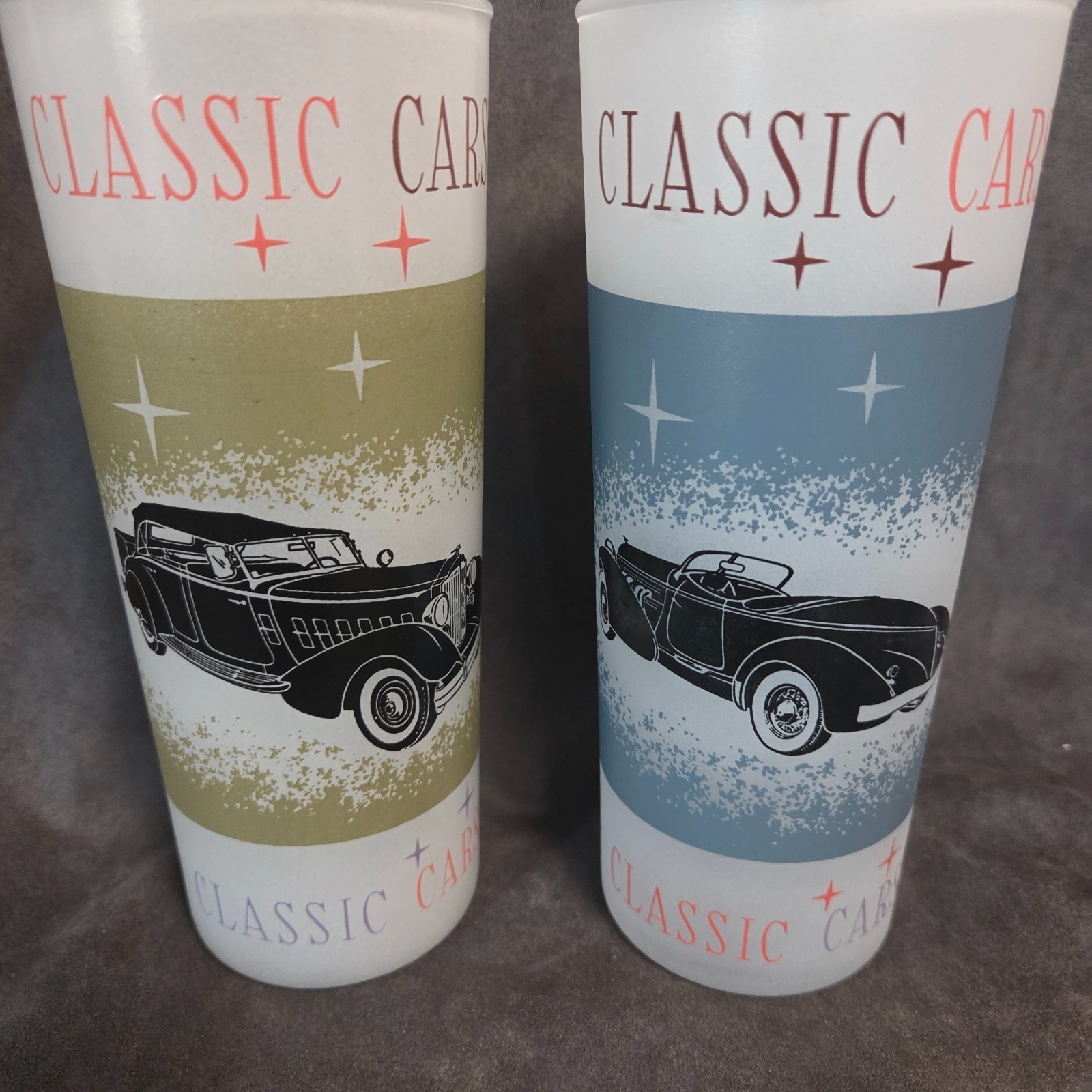 Vintage MCM Classic Cars Atomic Frosted Glass Tumblers Set of 2 Vintage MCM Classic Cars Atomic Frosted Glass Tumblers Set of 2