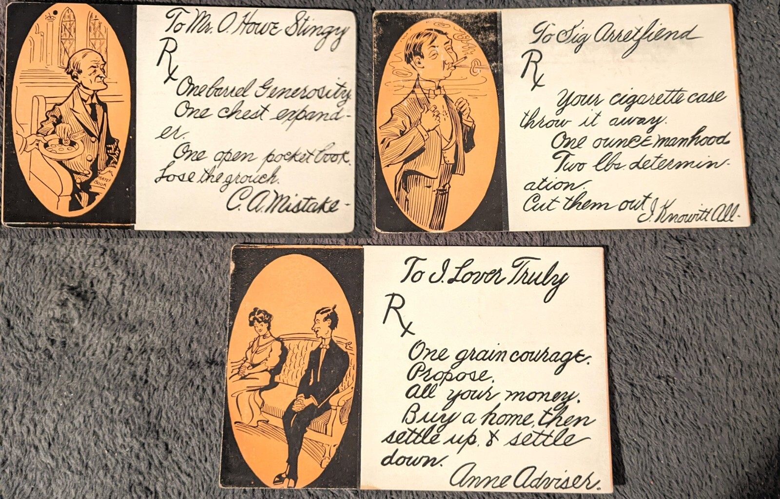 Lot 3 Antique 1907 Postcard S C Co. Rx to Lonesome Lover Smoker Stingy Humor