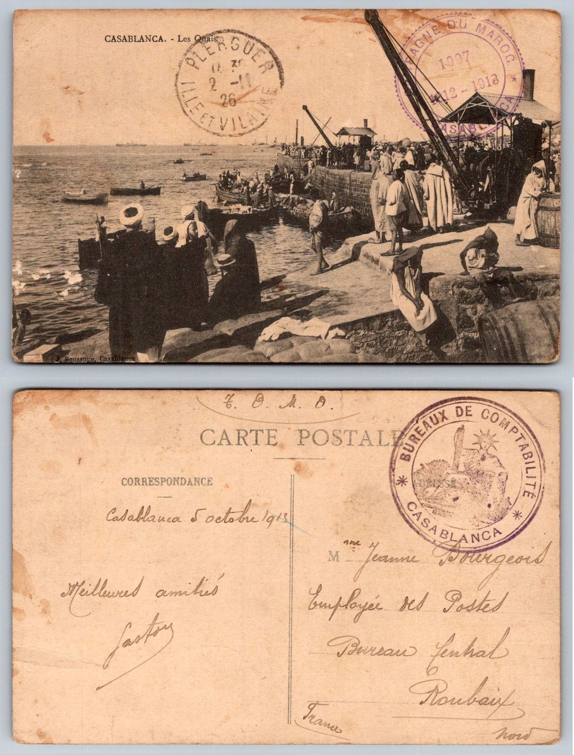 1913 Casablanca Les Quais Morocco Port Boats People Boussige Posted Postcard