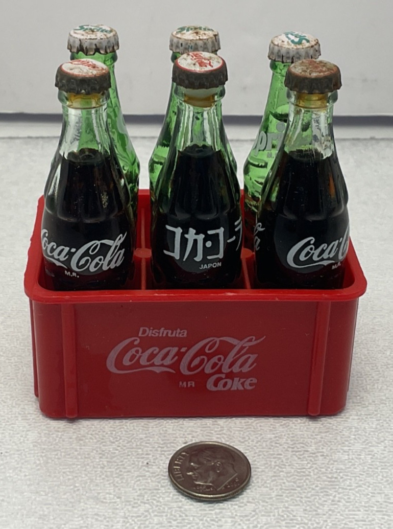 Vintage Miniature Coca-Cola & Sprite Bottles 6-Pack in Red Plastic Crate P2