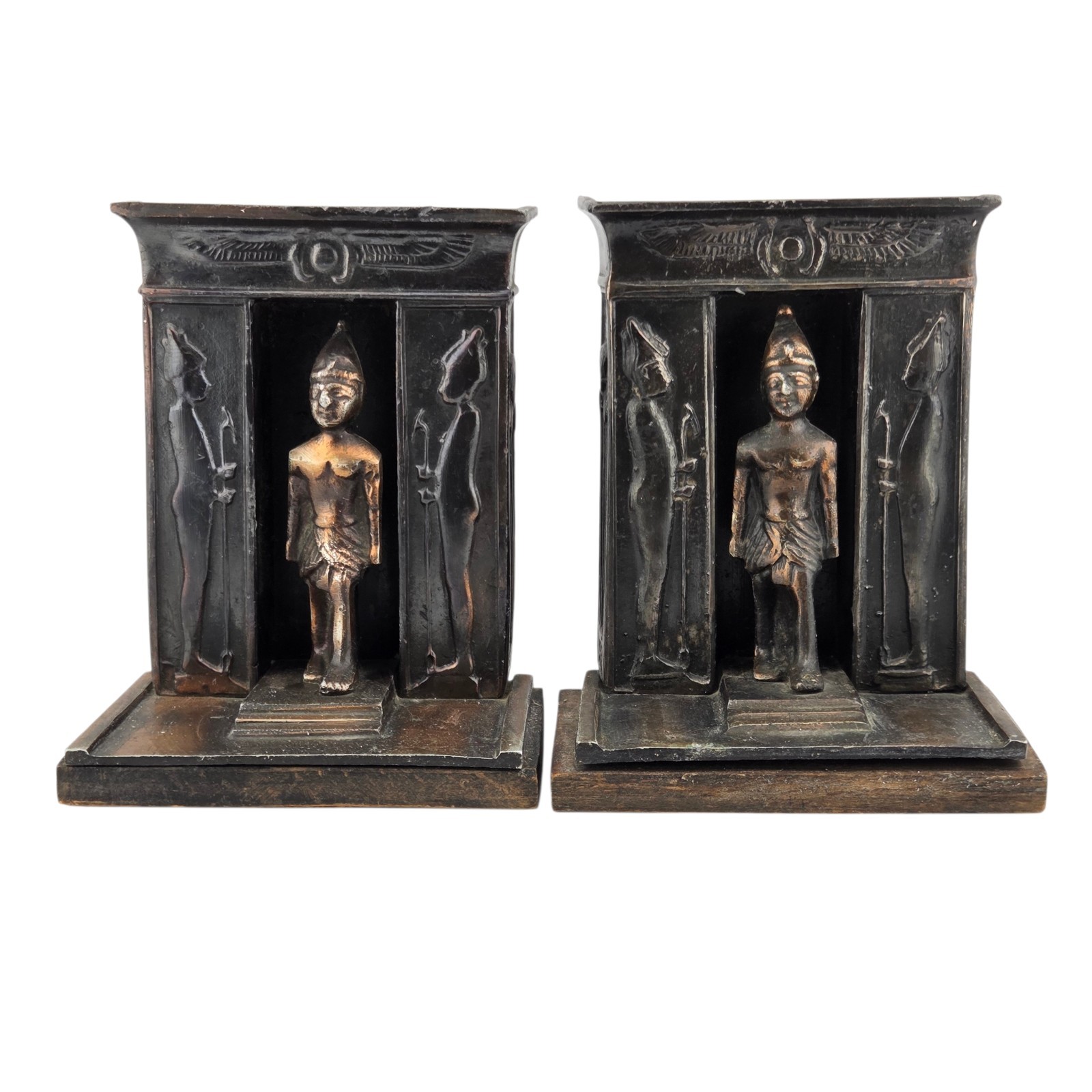 Antique Egyptian Revival Bookends King Pharaoh Thutmos Bronze Copper Wood Base Antique Egyptian Revival Bookends King Pharaoh Thutmos Bronze Copper Wood Base