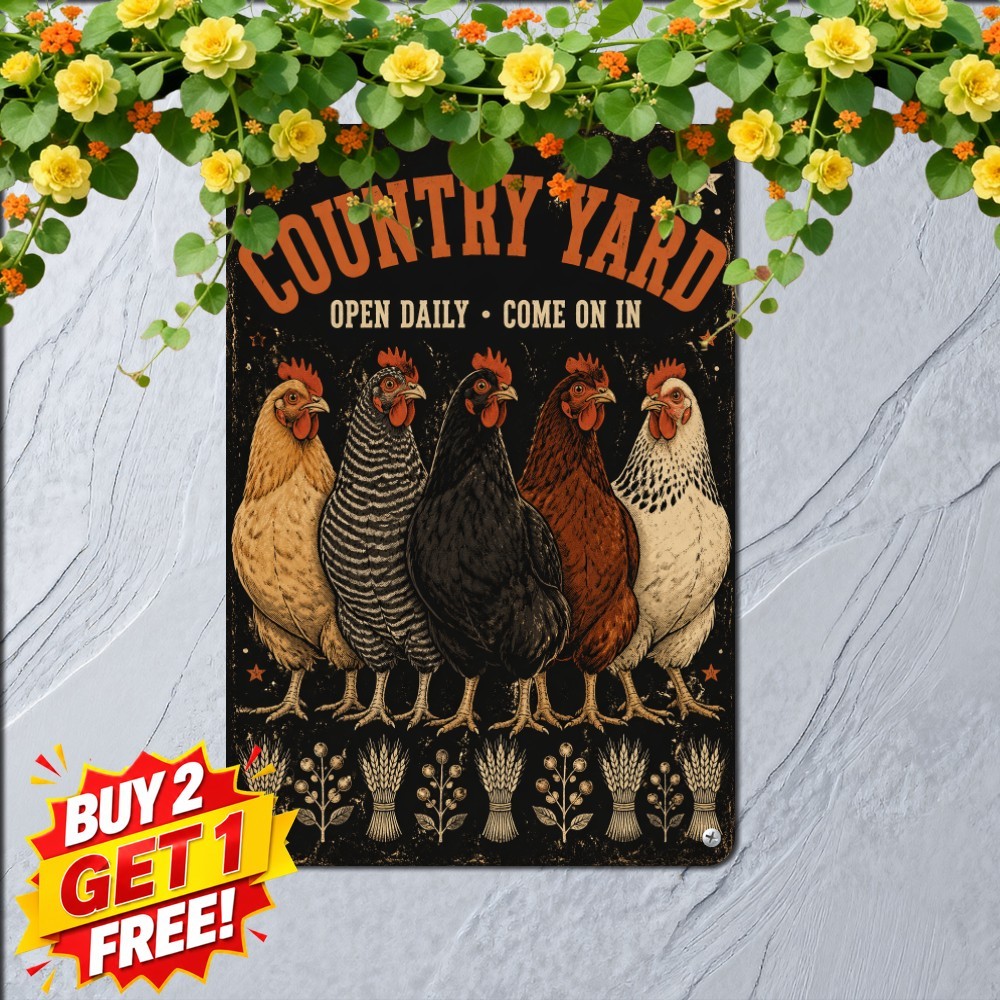 vintage farm welcome sign art four hens lineup