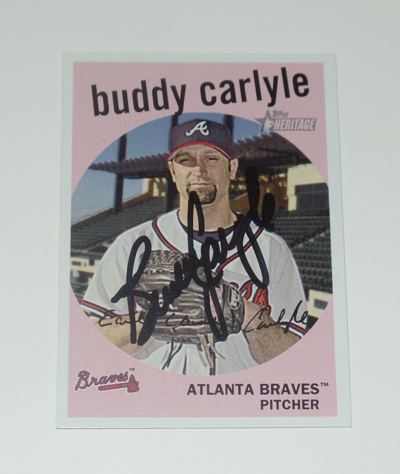 BUDDY CARLYLE AUTO'D SIGNED 2008 TOPPS HERITAGE CARD #95 ATLANTA BRAVES PADRES