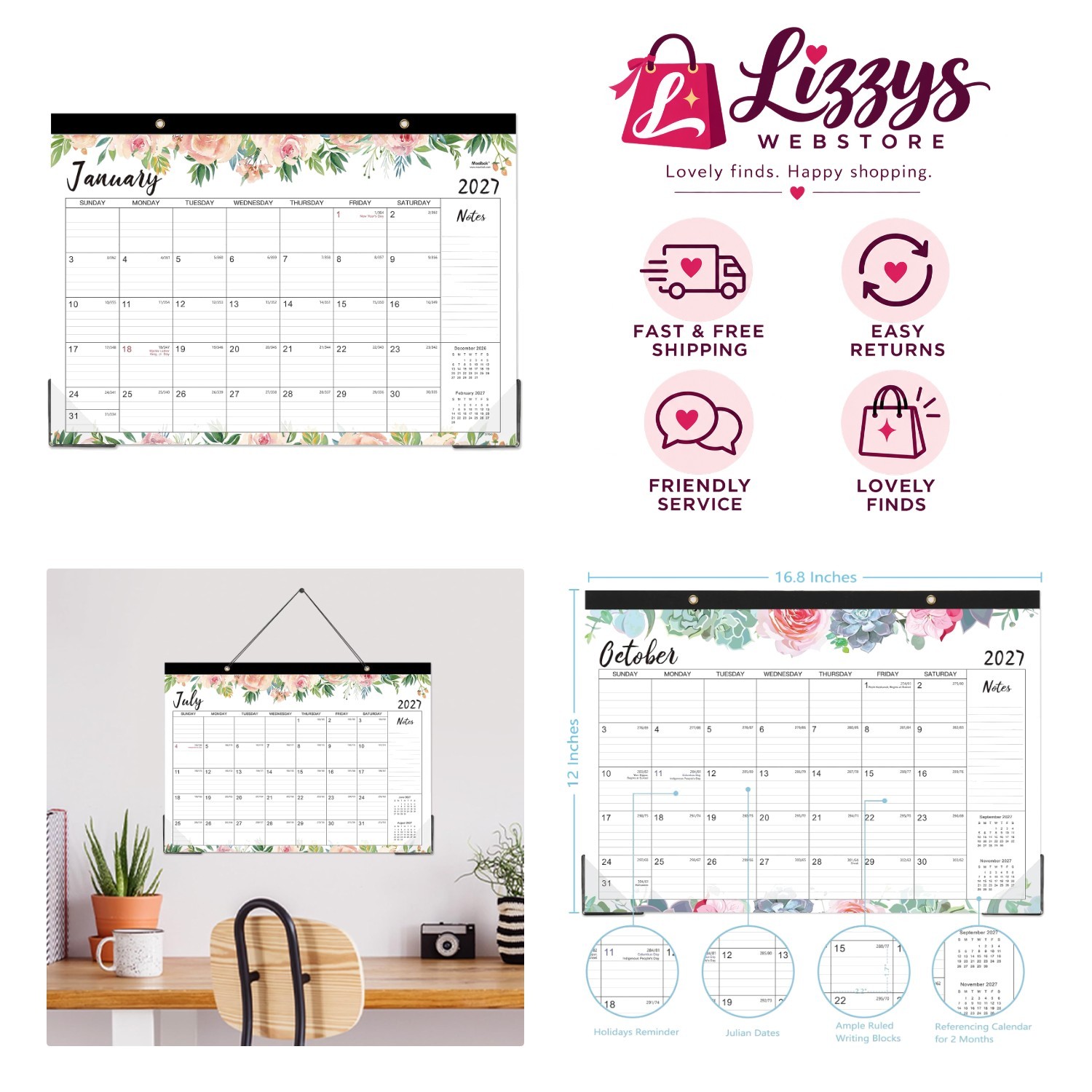 Stylish 2027 Desk Pad Calendar - 12-, To-Do List & Optional Wall Hanging