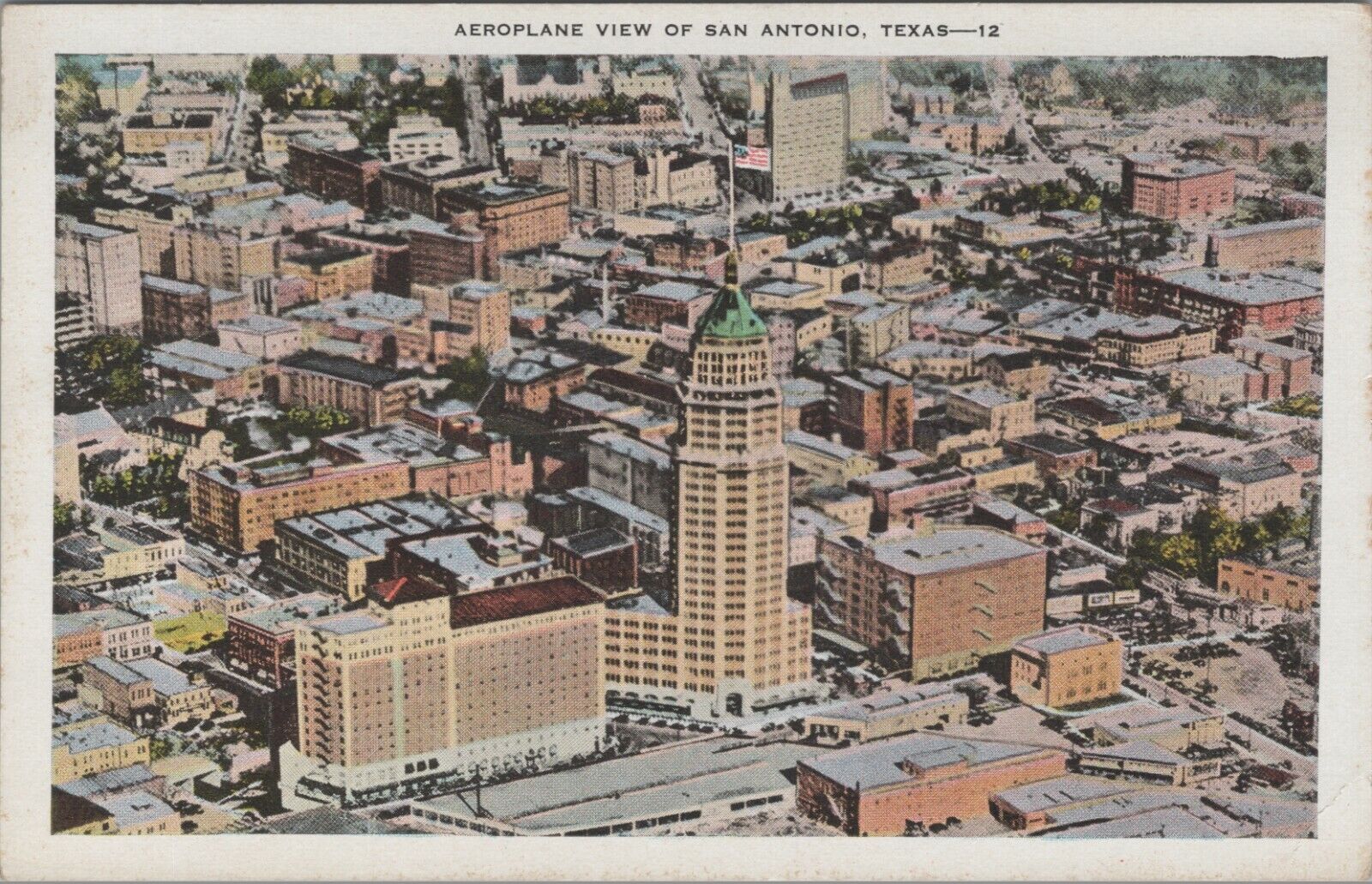 c1920s San Antonio Texas aerial view flag postcard A594