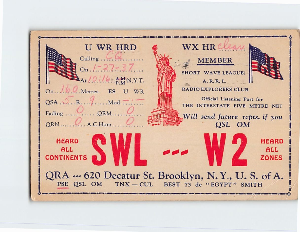 QSL/QSO Radio Card SWL W2 Short Wave League Brooklyn NY Liberty Statue US Flags