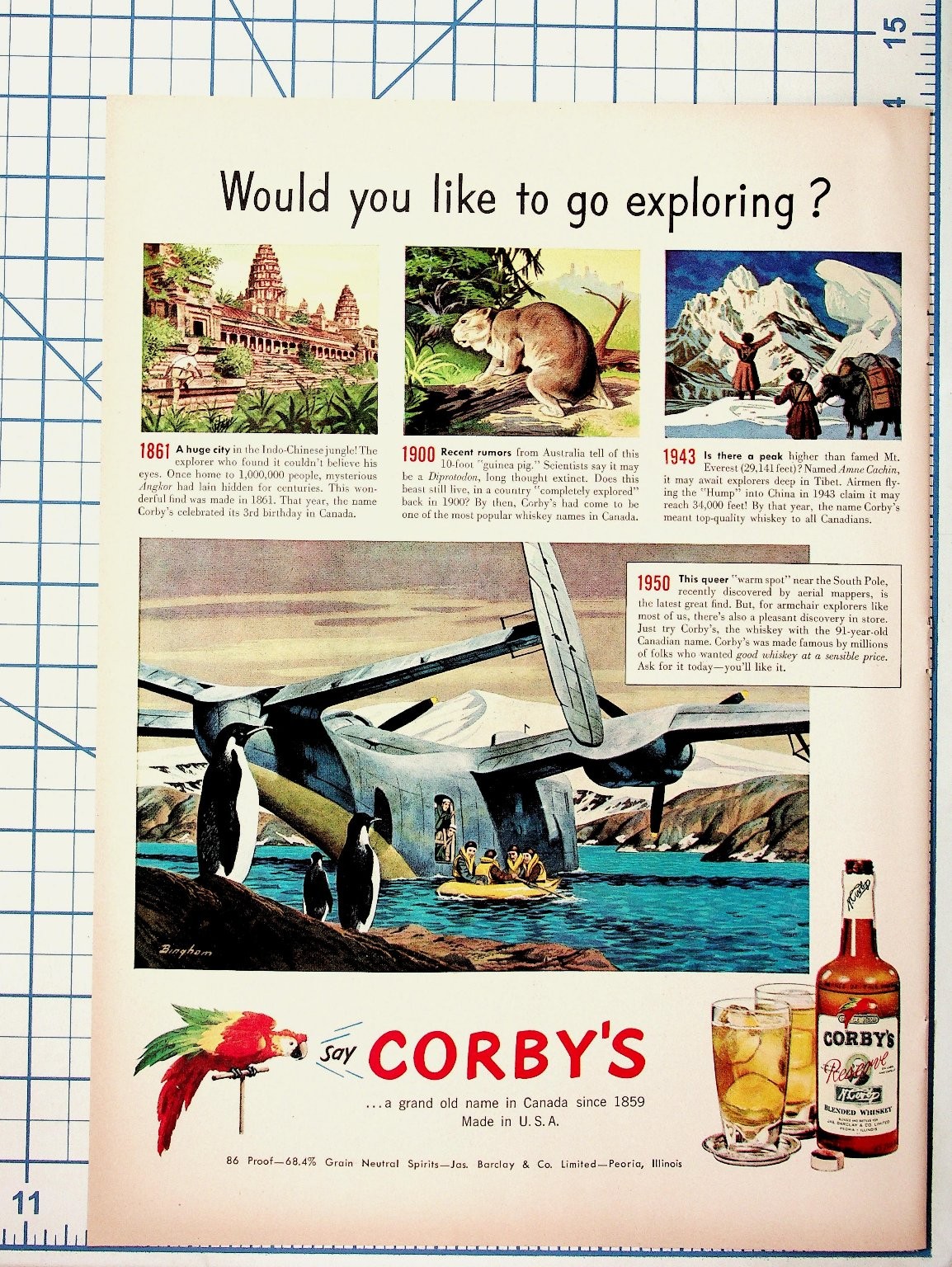 Vintage 1950s Corby\'s Whiskey Ad Exploring Angkor Everest Antarctica Diprotodon Vintage 1950s Corby\'s Whiskey Ad Exploring Angkor Everest Antarctica Diprotodon