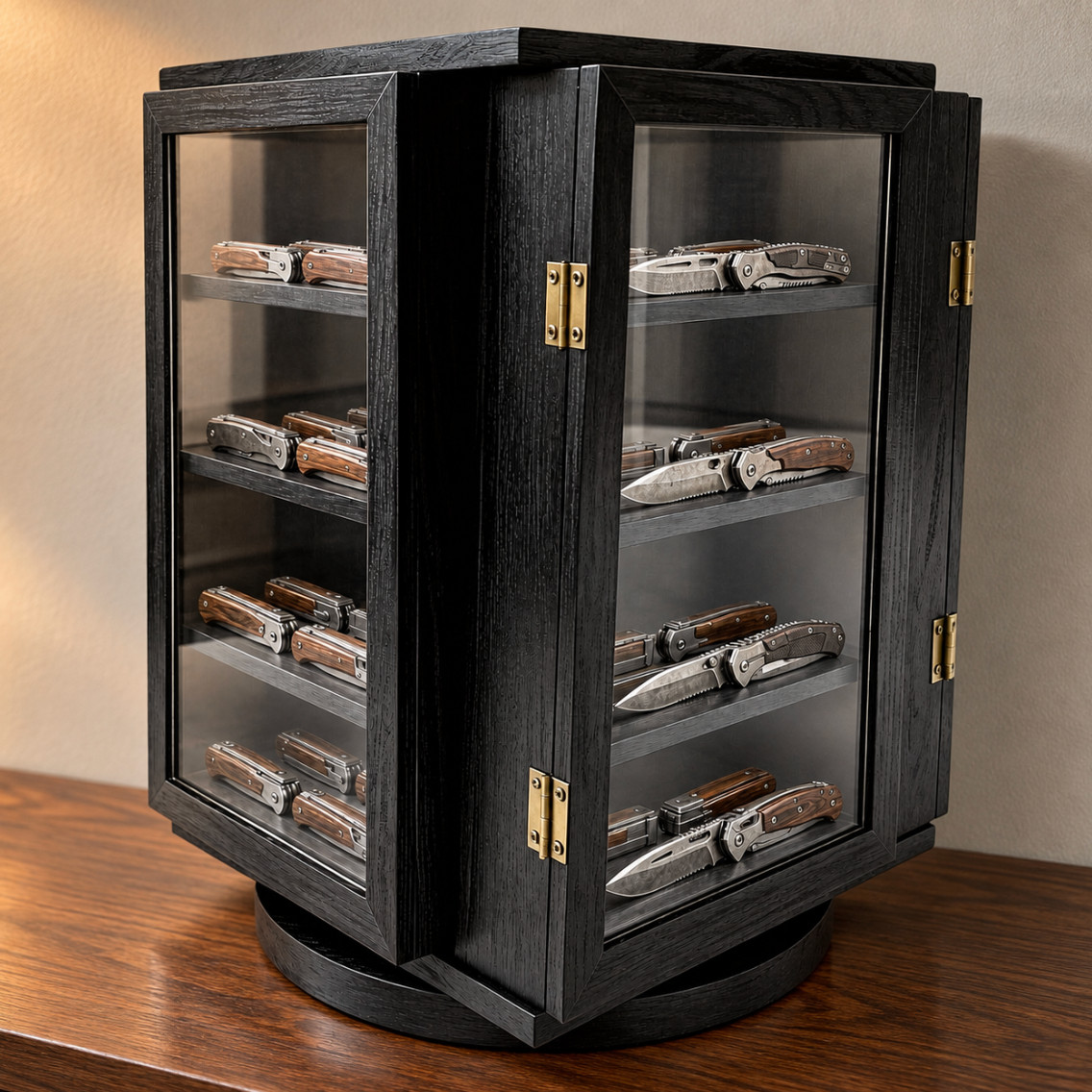 Rotating Wood Knife Display Case Cabinet - Black Pocket Knives Holder Shadow Box Rotating Wood Knife Display Case Cabinet - Black Pocket Knives Holder Shadow Box