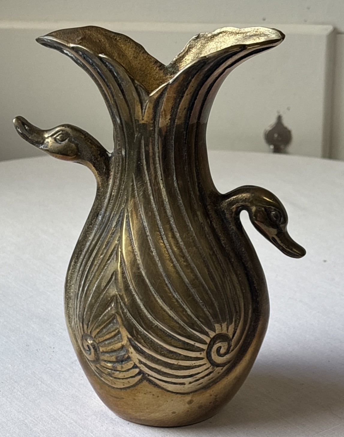 Vtg 7-3/4” Tall Solid Brass Double Head Swan Sculptural Vase Art Deco