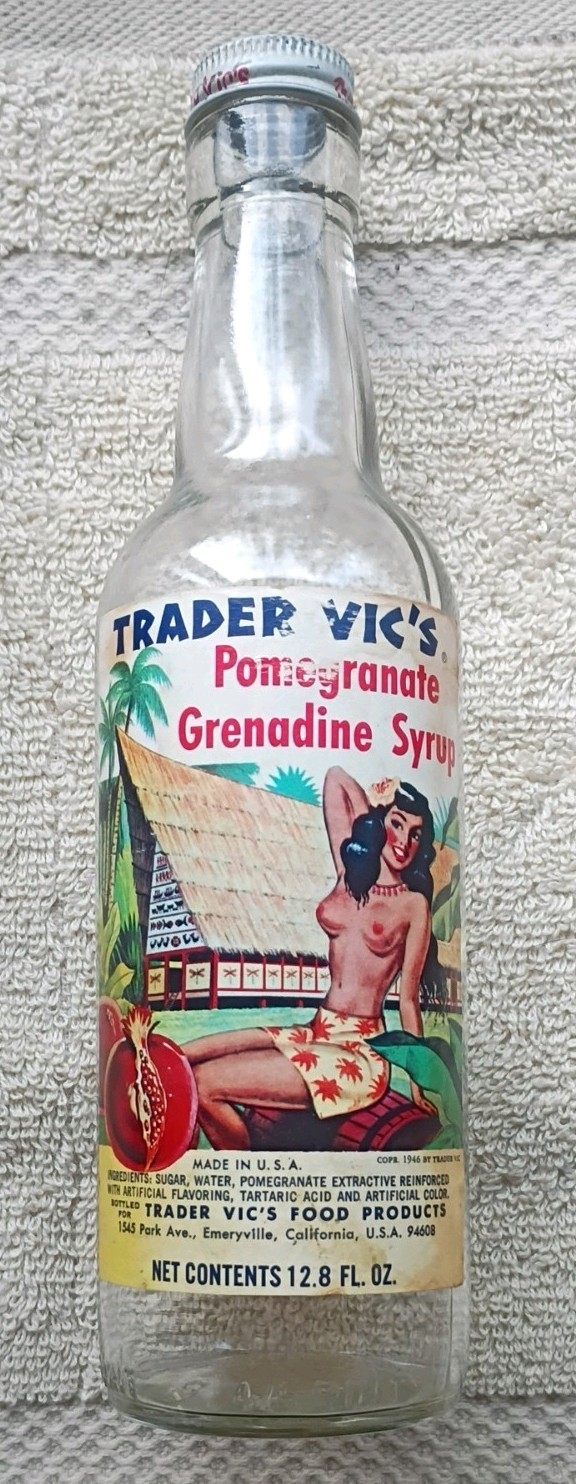 VINTAGE 1946 TRADER VIC'S POMEGRANATE GRENADINE SYRUP BOTTLE OLD TOPLESS VERSION VINTAGE 1946 TRADER VIC'S POMEGRANATE GRENADINE SYRUP BOTTLE OLD TOPLESS VERSION