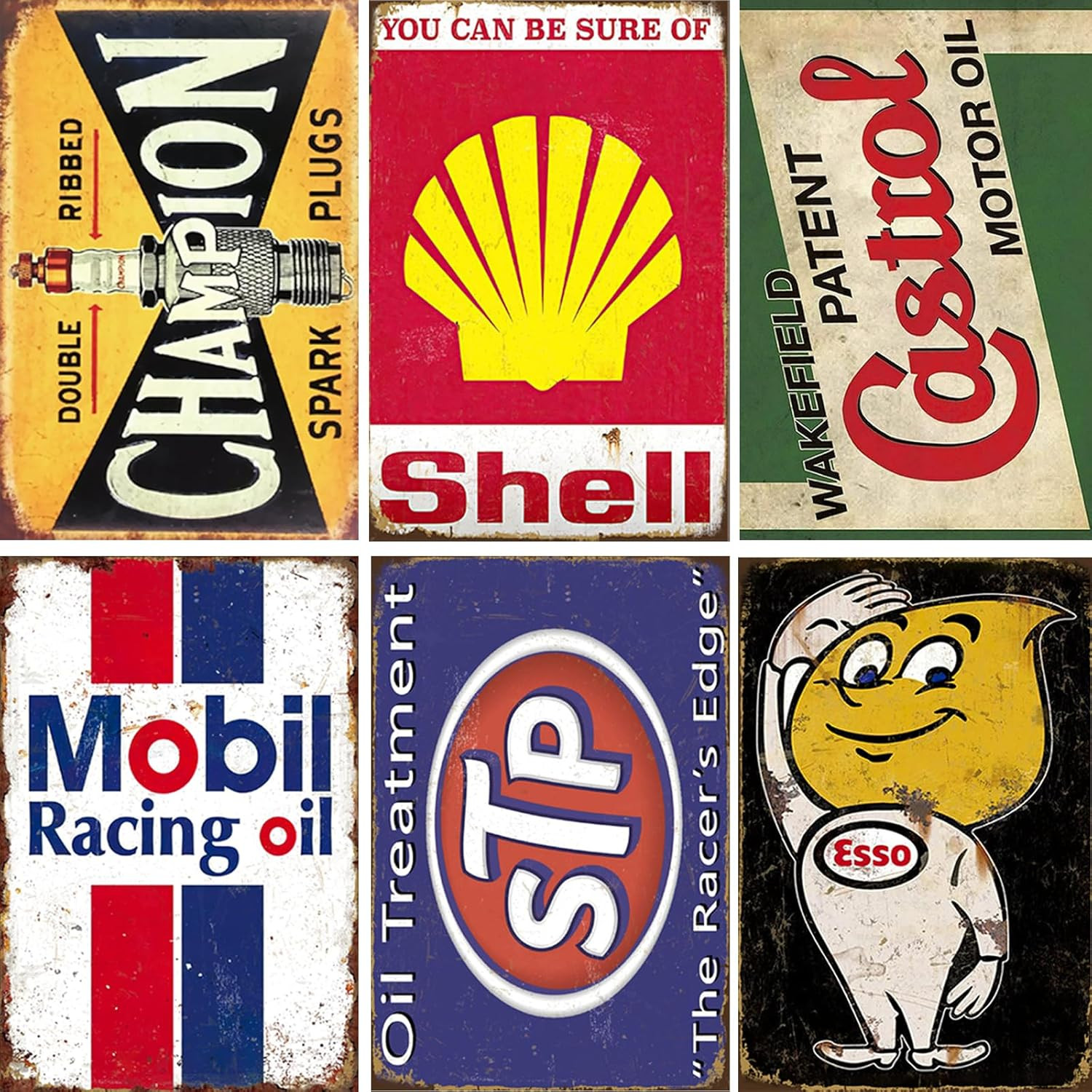 Vintage Metal Tin Signs Set of 6, Retro Garage Signs & Oil & Gas Station Wall Vintage Metal Tin Signs Set of 6, Retro Garage Signs & Oil & Gas Station Wall