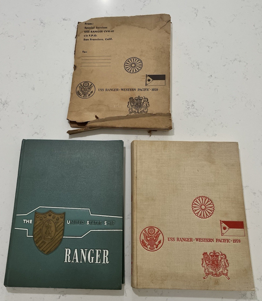Complete Vtg 1958 USS Ranger CVA-61 & 1959 WESTPAC Deployment Book w/Mailer Complete Vtg 1958 USS Ranger CVA-61 & 1959 WESTPAC Deployment Book w/Mailer