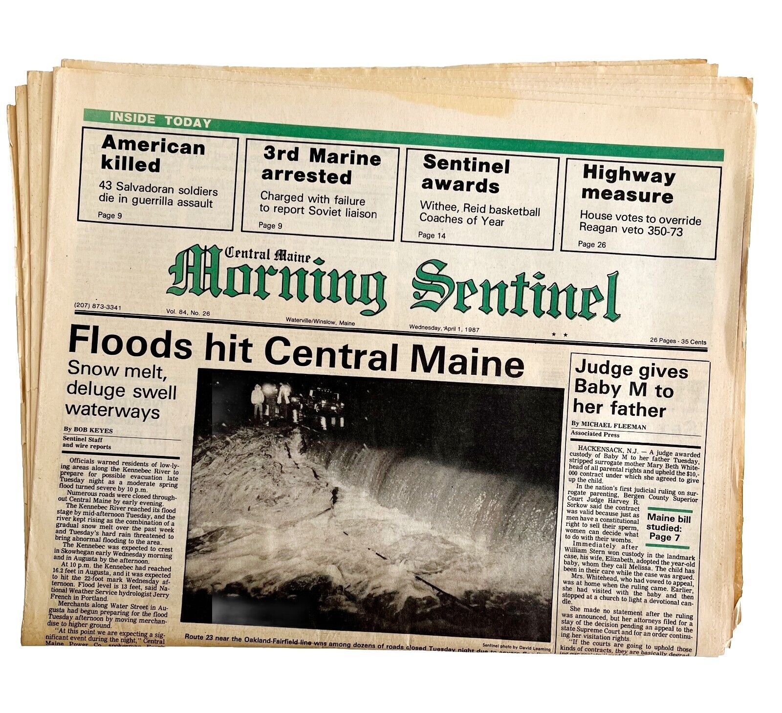 1987 Kennebec Flood Newspaper Morning Sentinel Maine 1st Day April 1 DWHH7