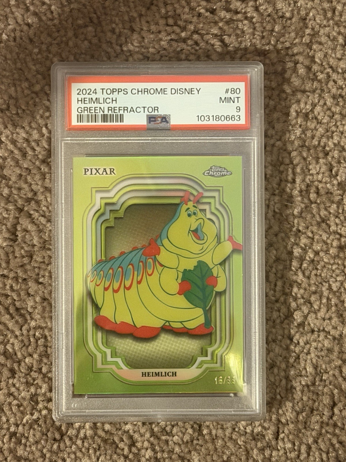 Topps 2024 Chrome Disney Heimlich #80 Green Refractor /99 PSA 9 Topps 2024 Chrome Disney Heimlich #80 Green Refractor /99 PSA 9