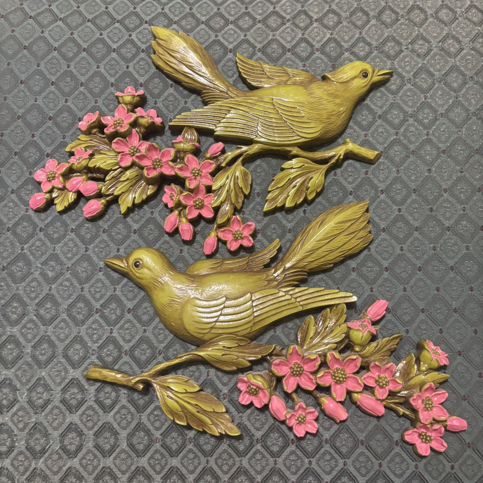 VTG MCM 1967 Syroco Birds Pink Dogwood Flower Branch Wall Hanging Decor 2 Piece VTG MCM 1967 Syroco Birds Pink Dogwood Flower Branch Wall Hanging Decor 2 Piece