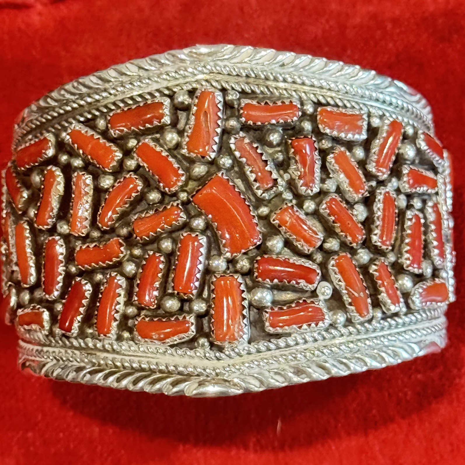 Large Native American Coral Cluster Cuff Bracelet Large Native American Coral Cluster Cuff Bracelet