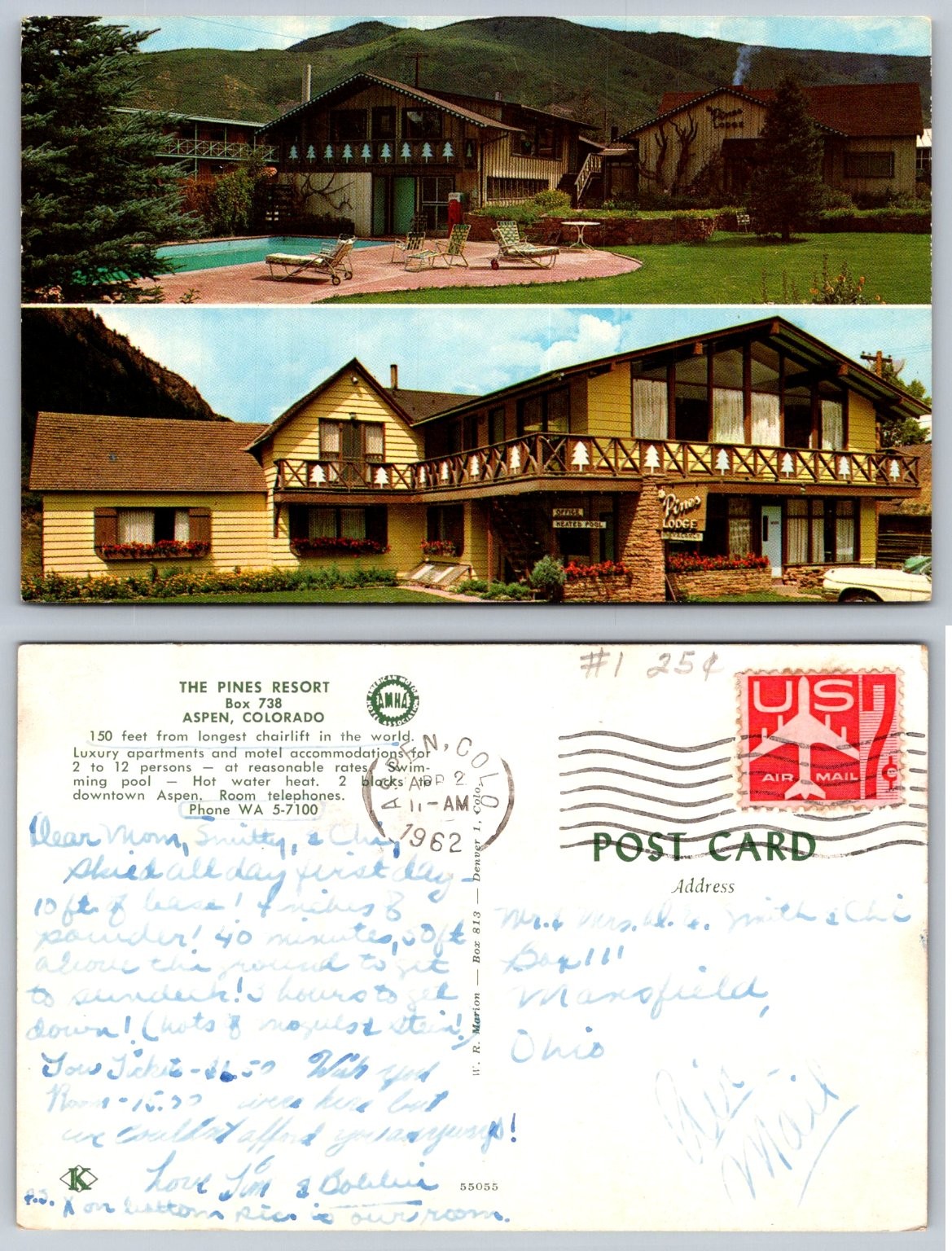 Vtg 1962 ASPEN CO The Pines Resort Postcard Skiing in July Air Mail Postmark