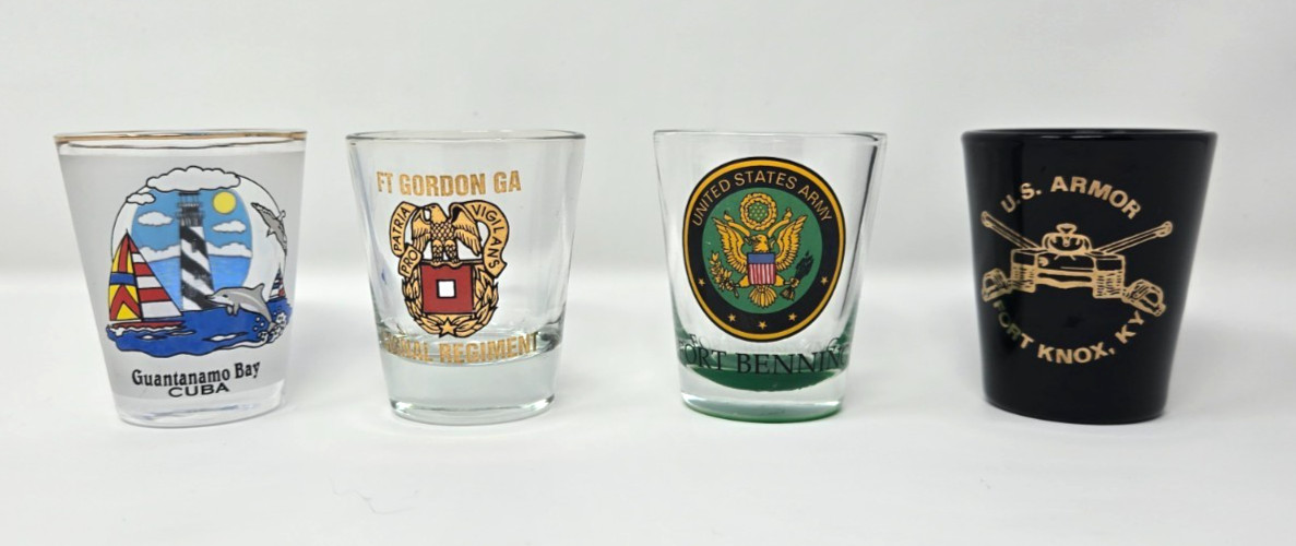 Vintage US military base shot glasses Guantanamo Bay Fort Gordon Benning Knox Vintage US military base shot glasses Guantanamo Bay Fort Gordon Benning Knox