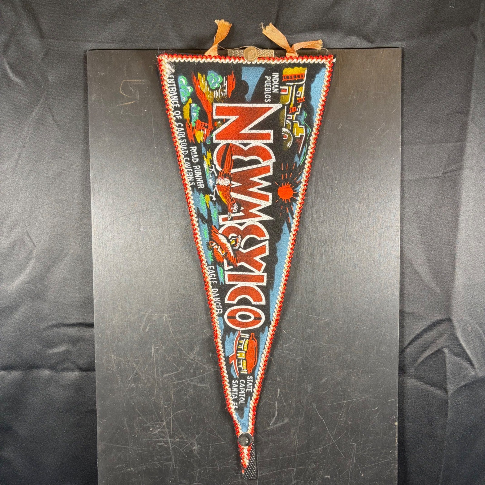 Vintage New Mexico Souvenir Felt Pennant Carlsbad Caverns Santa Fe Road Runner
