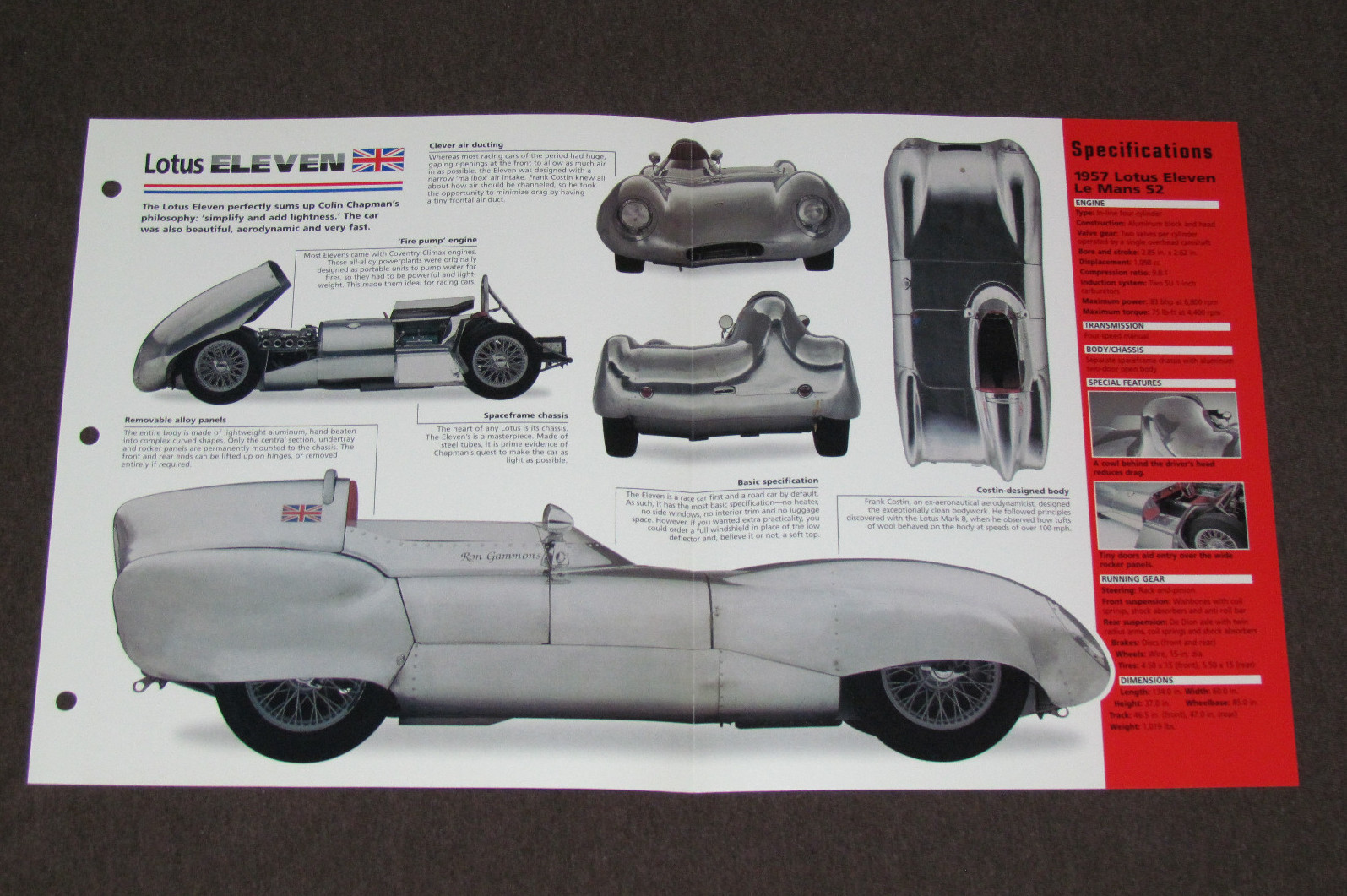 1956 1957 1958 LOTUS ELEVEN Le Mans S2 Race Car SPEC SHEET BROCHURE BOOKLET 1956 1957 1958 LOTUS ELEVEN Le Mans S2 Race Car SPEC SHEET BROCHURE BOOKLET