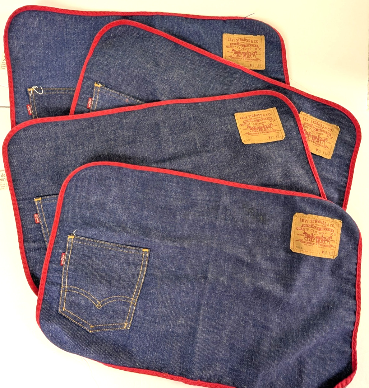 Vintage Levi Strauss 501 Denim Placemats Set of 4 Red Trim Pocket 1970s 13 x 20 Vintage Levi Strauss 501 Denim Placemats Set of 4 Red Trim Pocket 1970s 13 x 20