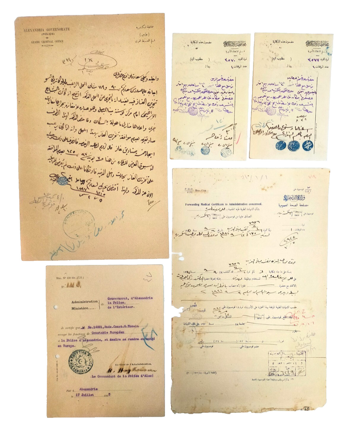 5 Rare Alexandria Egypt Archive 1897–1920s Police Medical Administrative stamps