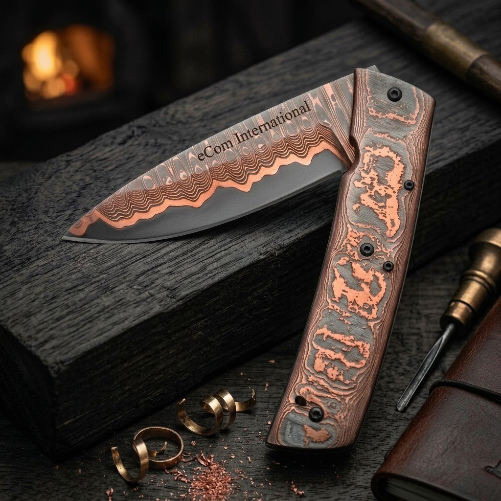 Luxury Copper Damascus Folding Knife–Handmade Cu Mai Pocket Knife EDC Gift