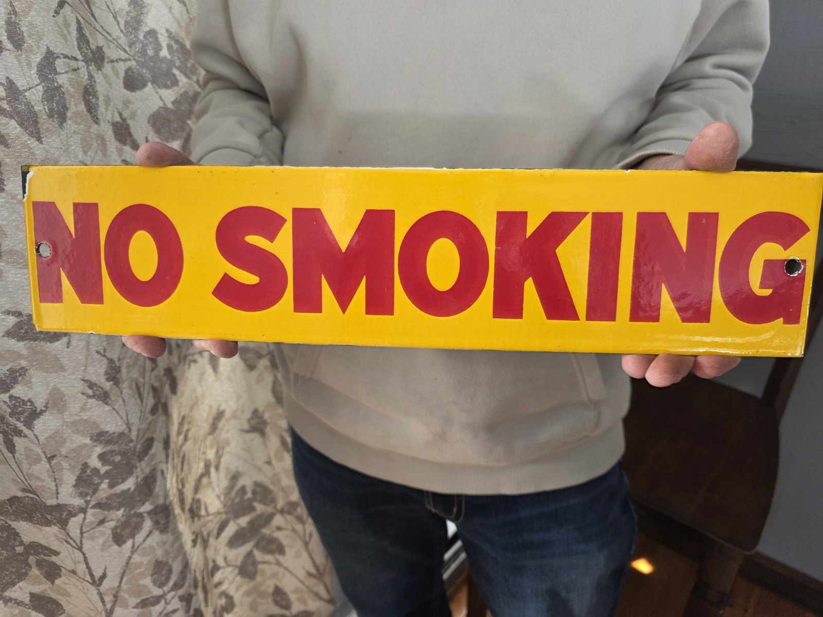 VINTAGE LARGE NO SMOKING PORCELAIN SIGN 18” x 4” VINTAGE LARGE NO SMOKING PORCELAIN SIGN 18” x 4”
