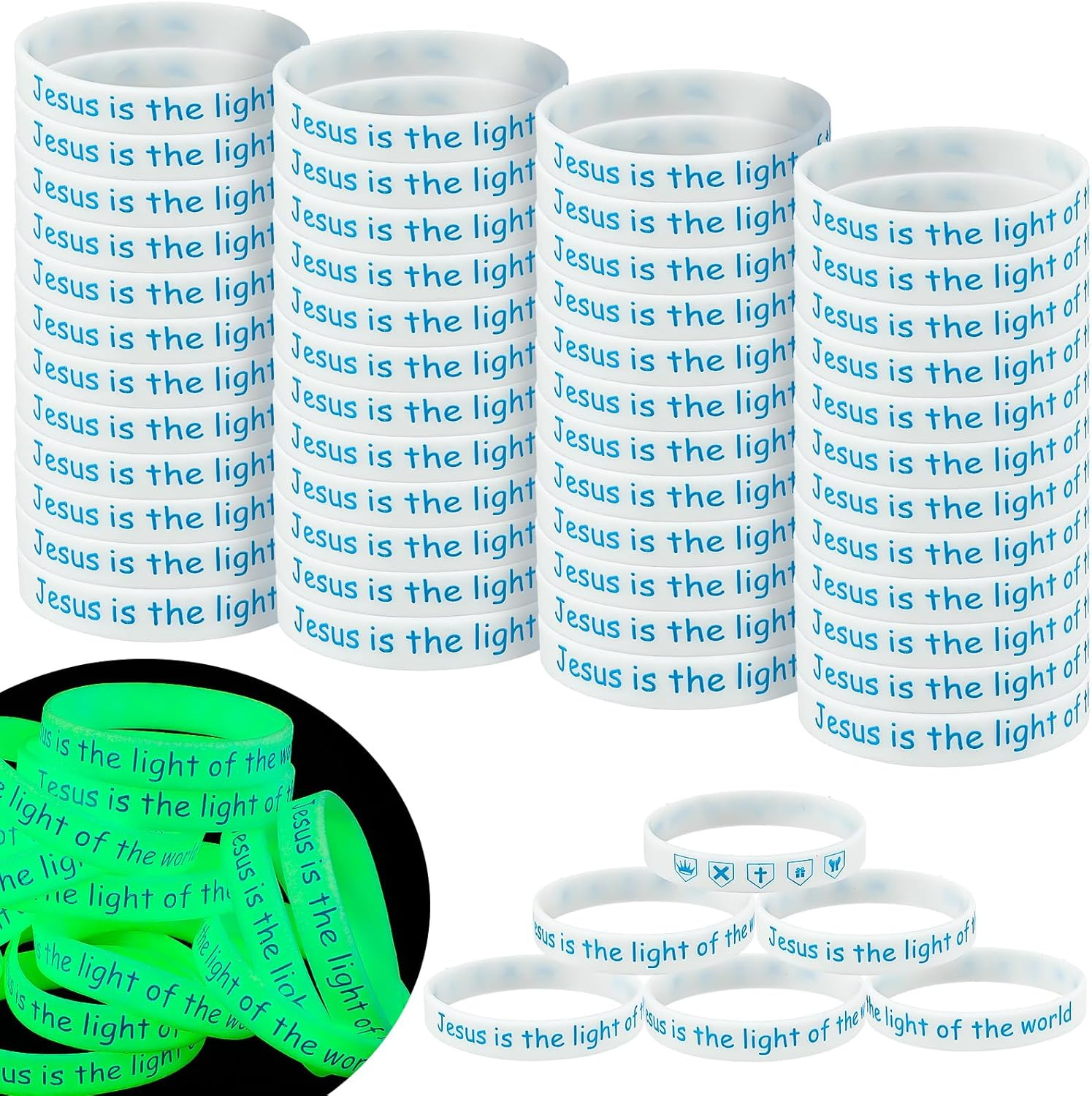 100 Pcs 2026 VBS Rubber Wristbands Glow in the Dark Jesus Is the Light of the Wo 100 Pcs 2026 VBS Rubber Wristbands Glow in the Dark Jesus Is the Light of the Wo