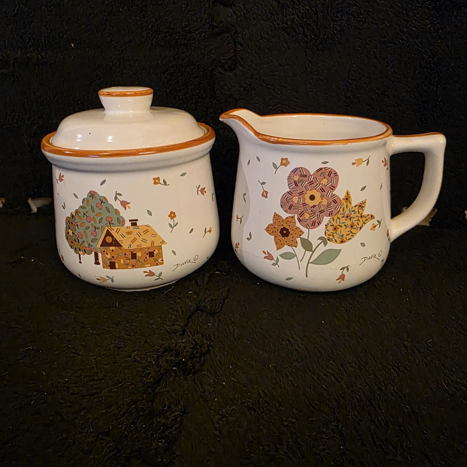 David Davir Callico Village Milk Jug & Creamer Vintage Japan #Cottagecore