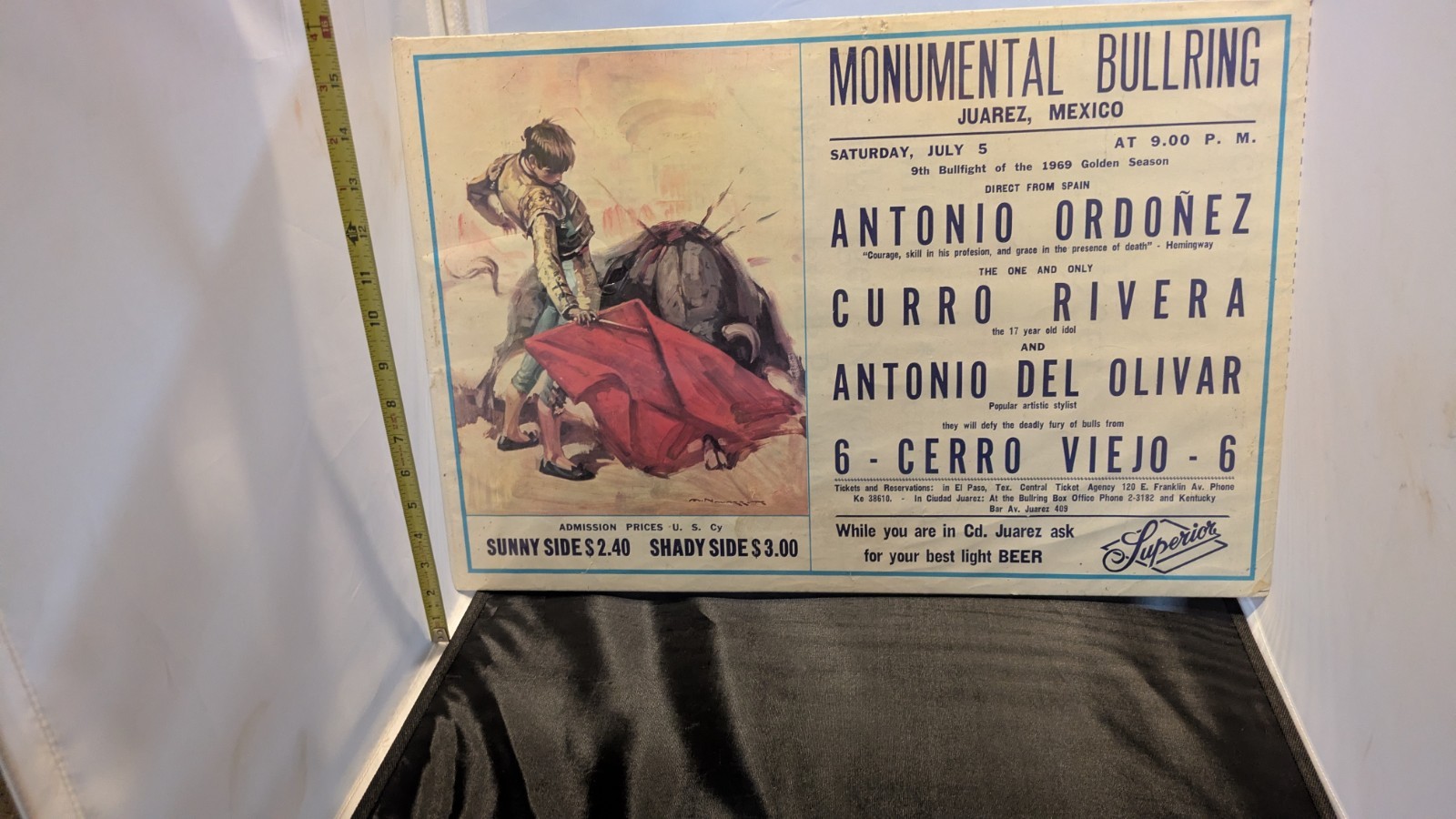 Vintage 1969 Mexico Bullfight Poster Juarez Monumental Bullring Mounted Beer Ad