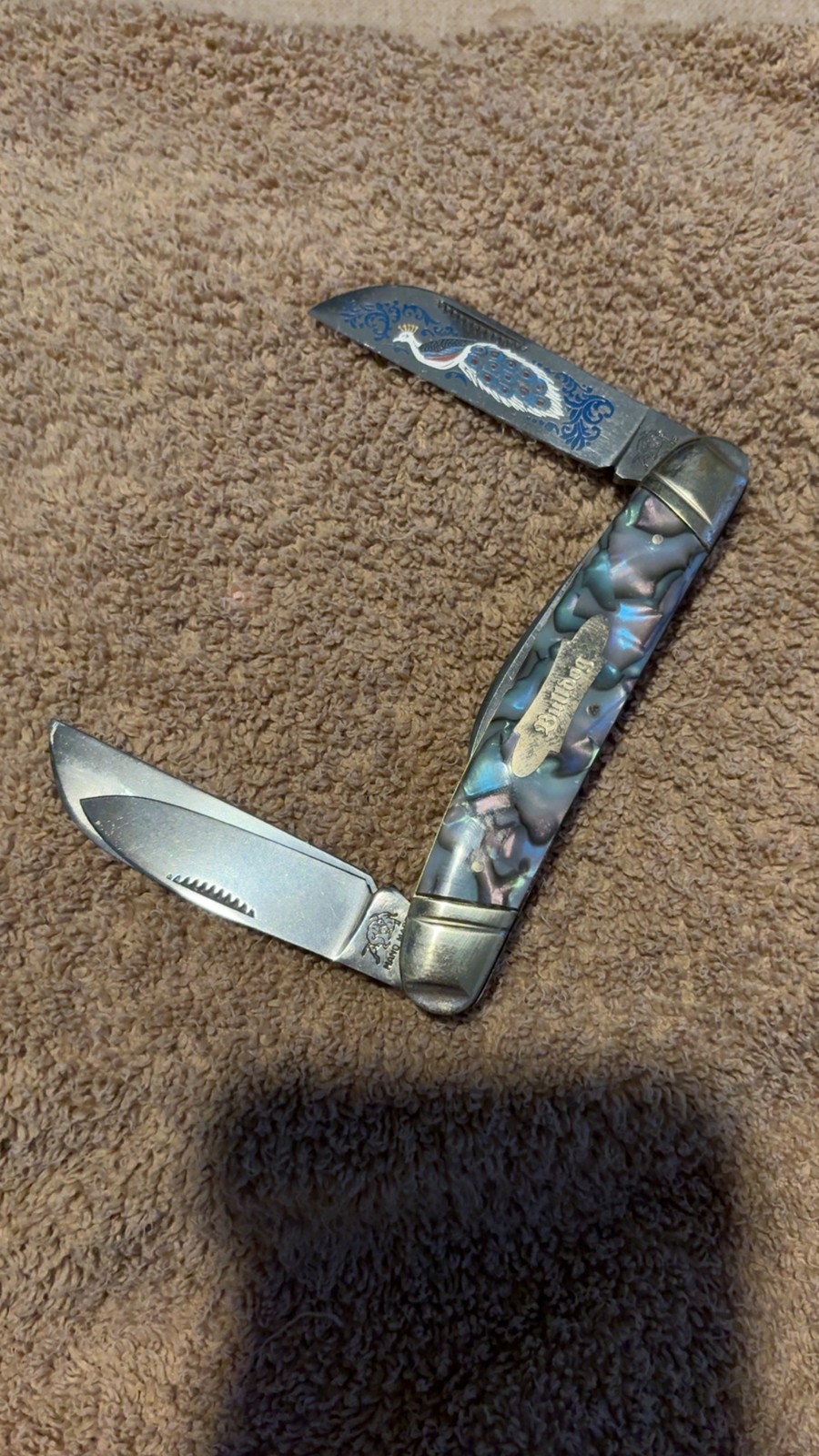 Bulldog Brand 3-Blade Folding Pocket Knife with Abalone Handles and Peacock...