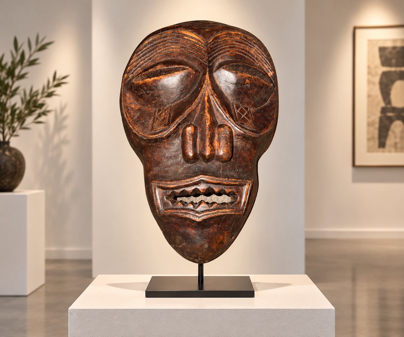 Vintage Hand Carved Wood African Mask Chokwe Style Face Tribal Wall Hanging Art