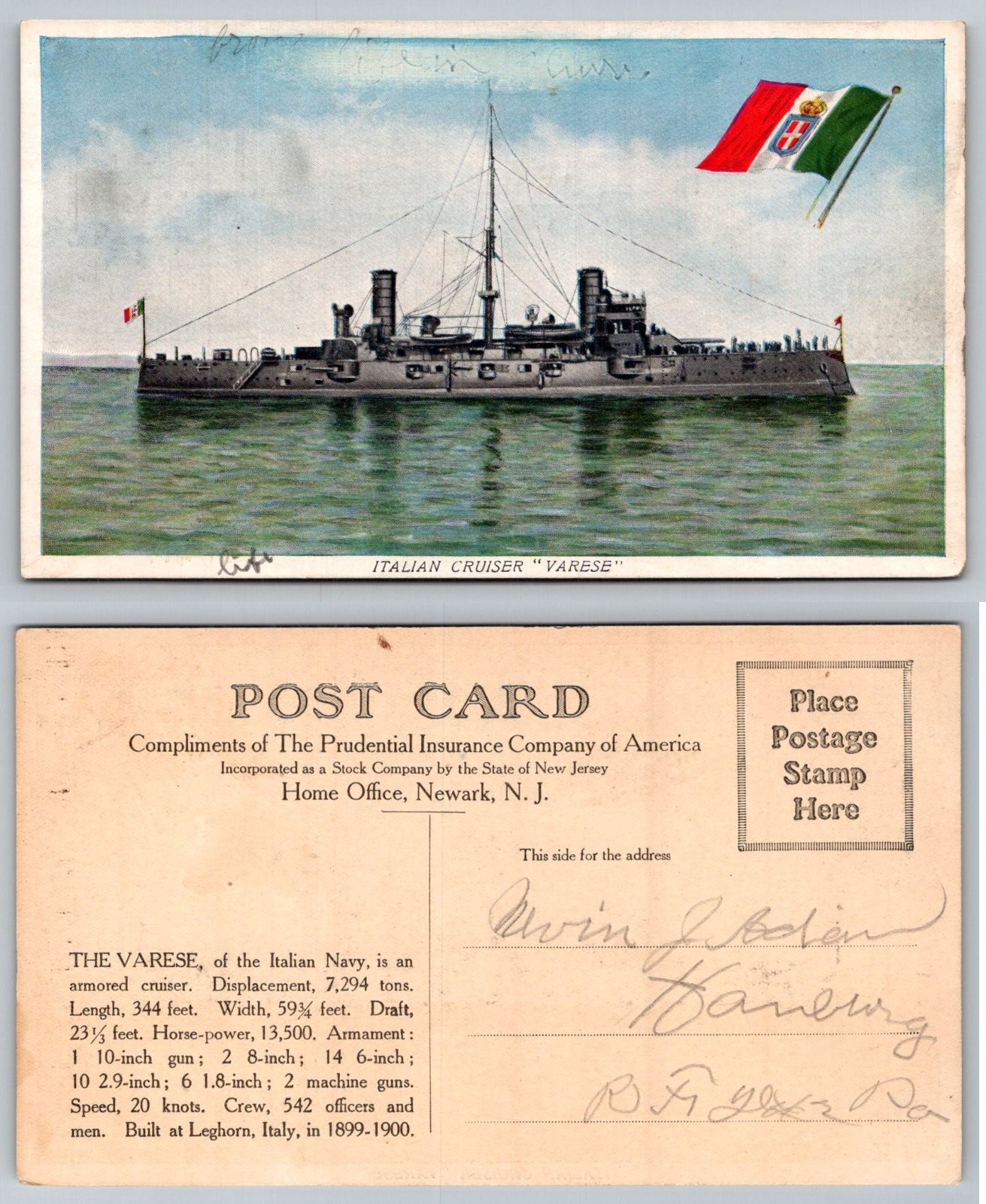 Italian Navy Cruiser Varese Military Ship Prudential Insurance Postcard
