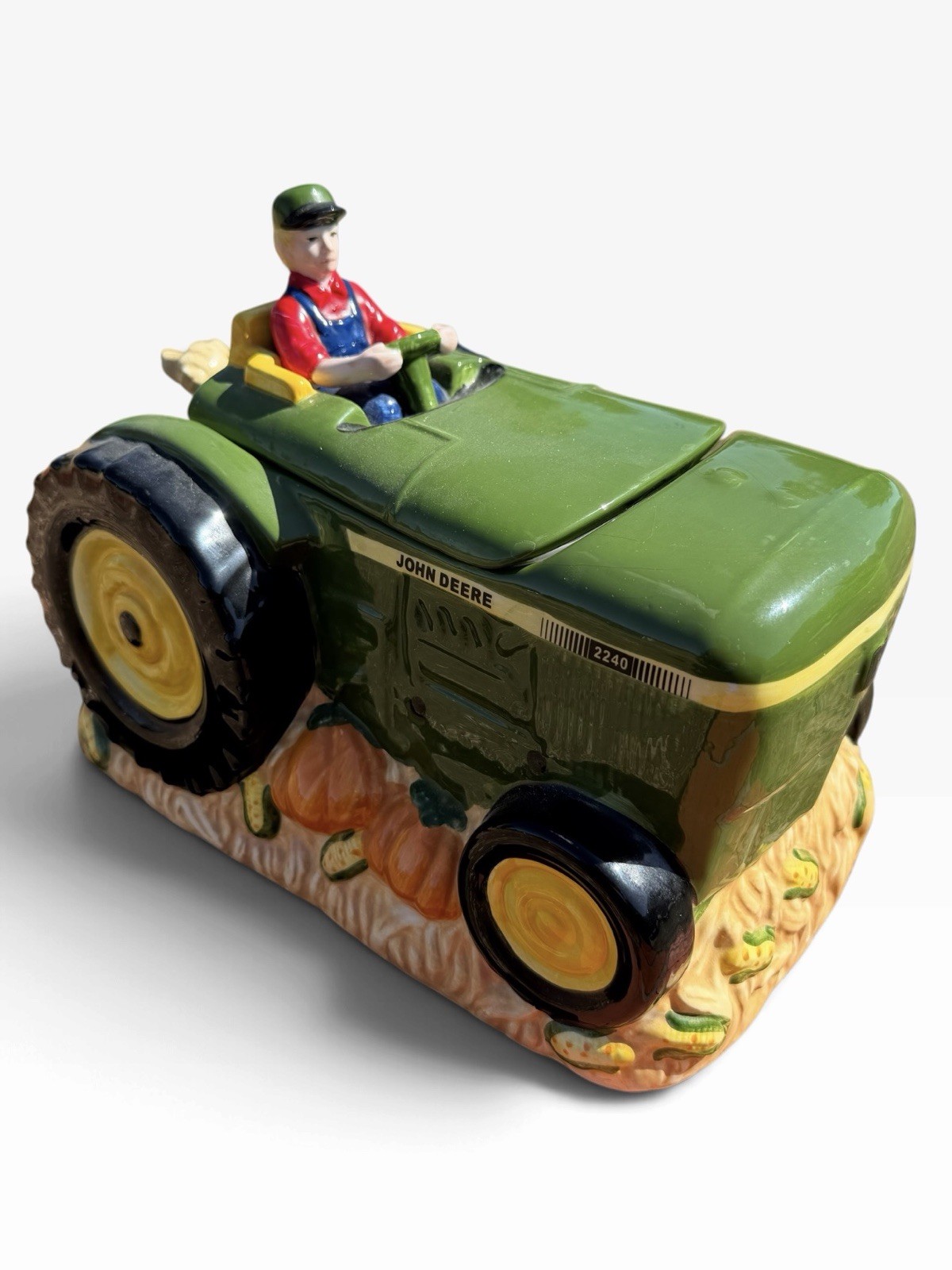 Vintage 1990s John Deere Cookie Jar with Farmer, Corn, Pumpkins and Dog Vintage 1990s John Deere Cookie Jar with Farmer, Corn, Pumpkins and Dog