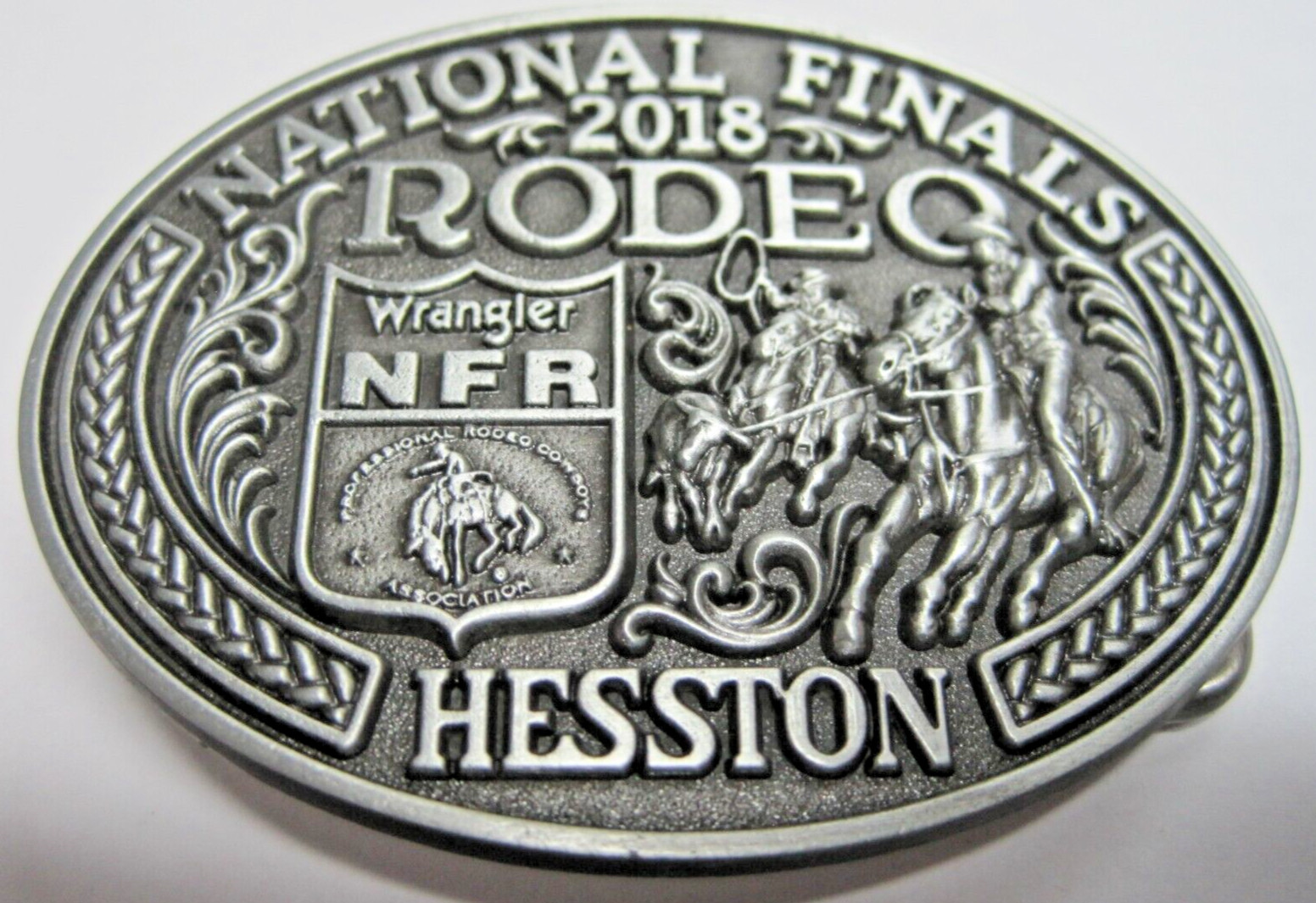 National Finals Rodeo Hesston 2018 NFR Youth (Small) Cowboy Buckle New Wrangler National Finals Rodeo Hesston 2018 NFR Youth (Small) Cowboy Buckle New Wrangler