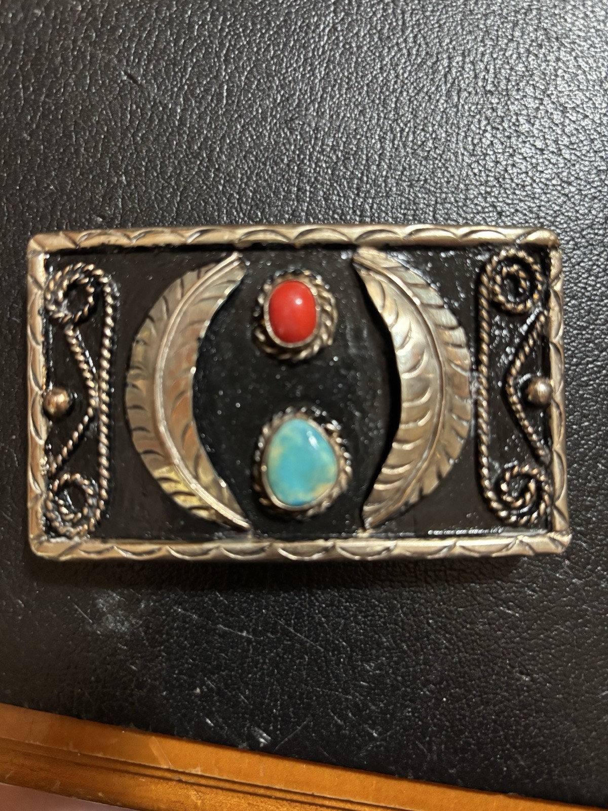 Vintage Native American Navajo Sterling Silver Turquoise & Red Coral Belt Buckle Vintage Native American Navajo Sterling Silver Turquoise & Red Coral Belt Buckle