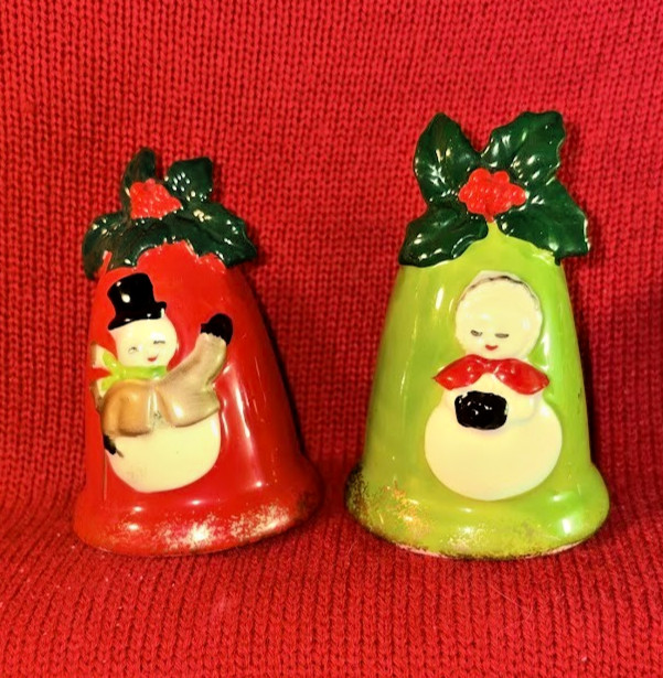 Vintage Lefton Japan Red Green Christmas Snowman Bells Holly Salt Pepper Shakers Vintage Lefton Japan Red Green Christmas Snowman Bells Holly Salt Pepper Shakers