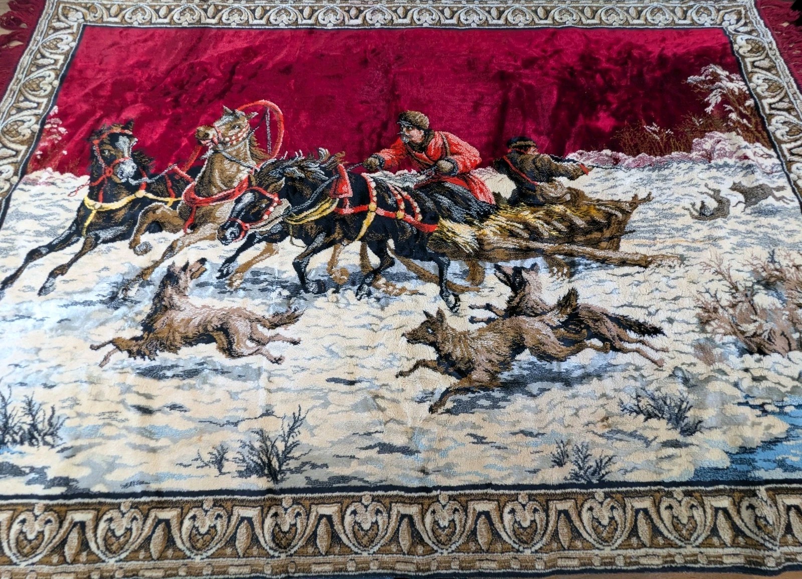 Vintage Velvet Tapestry Russian Troika Sleigh Winter Forest Wolves Attacking Rug