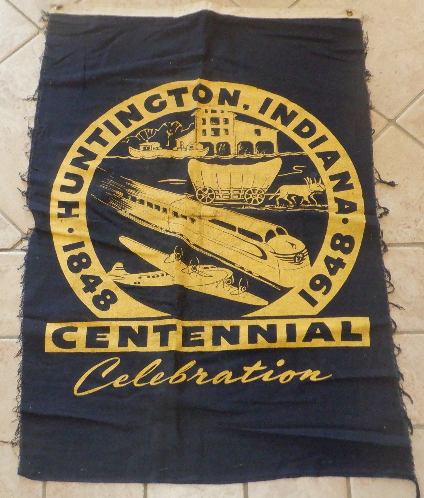 RARE - Vintage 1948 Huntington Indiana Centennial 2 sided Banner 32 RARE - Vintage 1948 Huntington Indiana Centennial 2 sided Banner 32