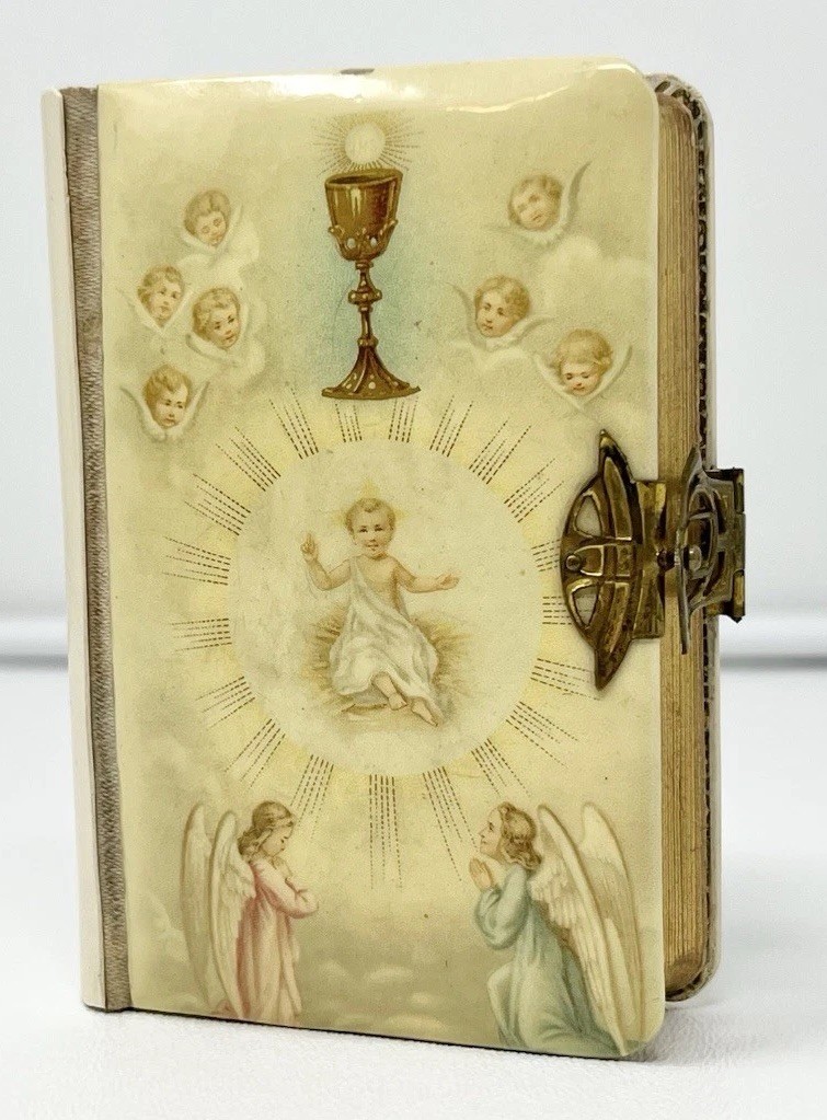 Antique 1922 Key Of Heaven Celluloid Catholic Prayer Book W Clasp Some Flaws