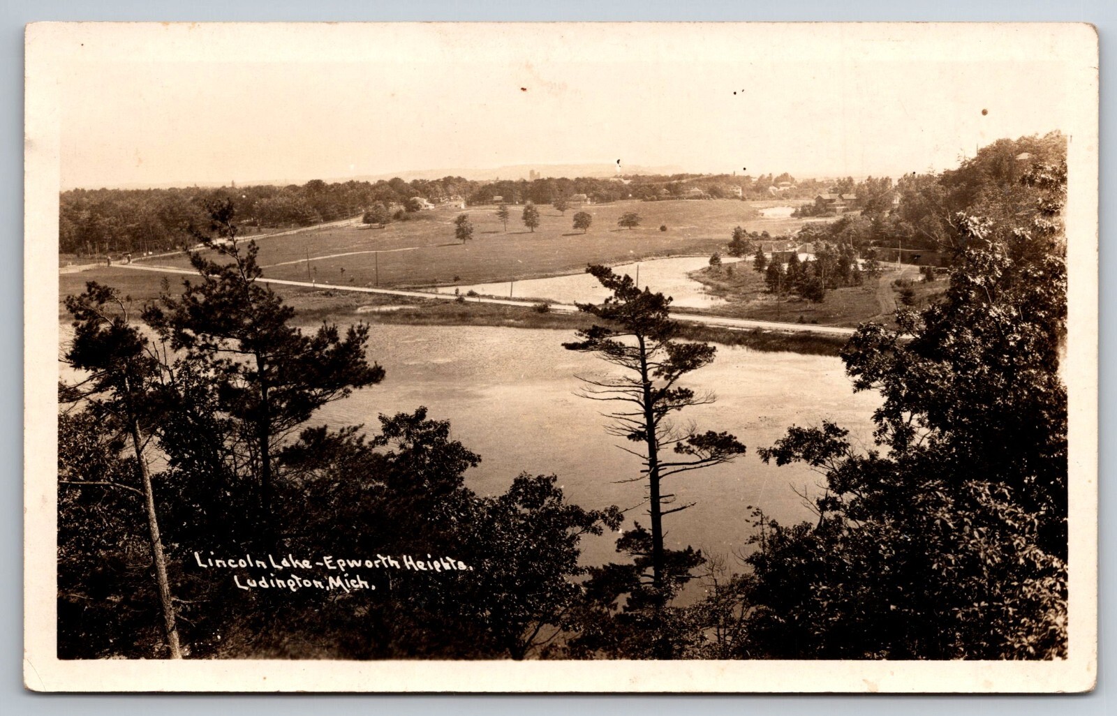 Vintage Postcard MI Lundington Lincoln Lake Epworth Heights Aerial View RPPC