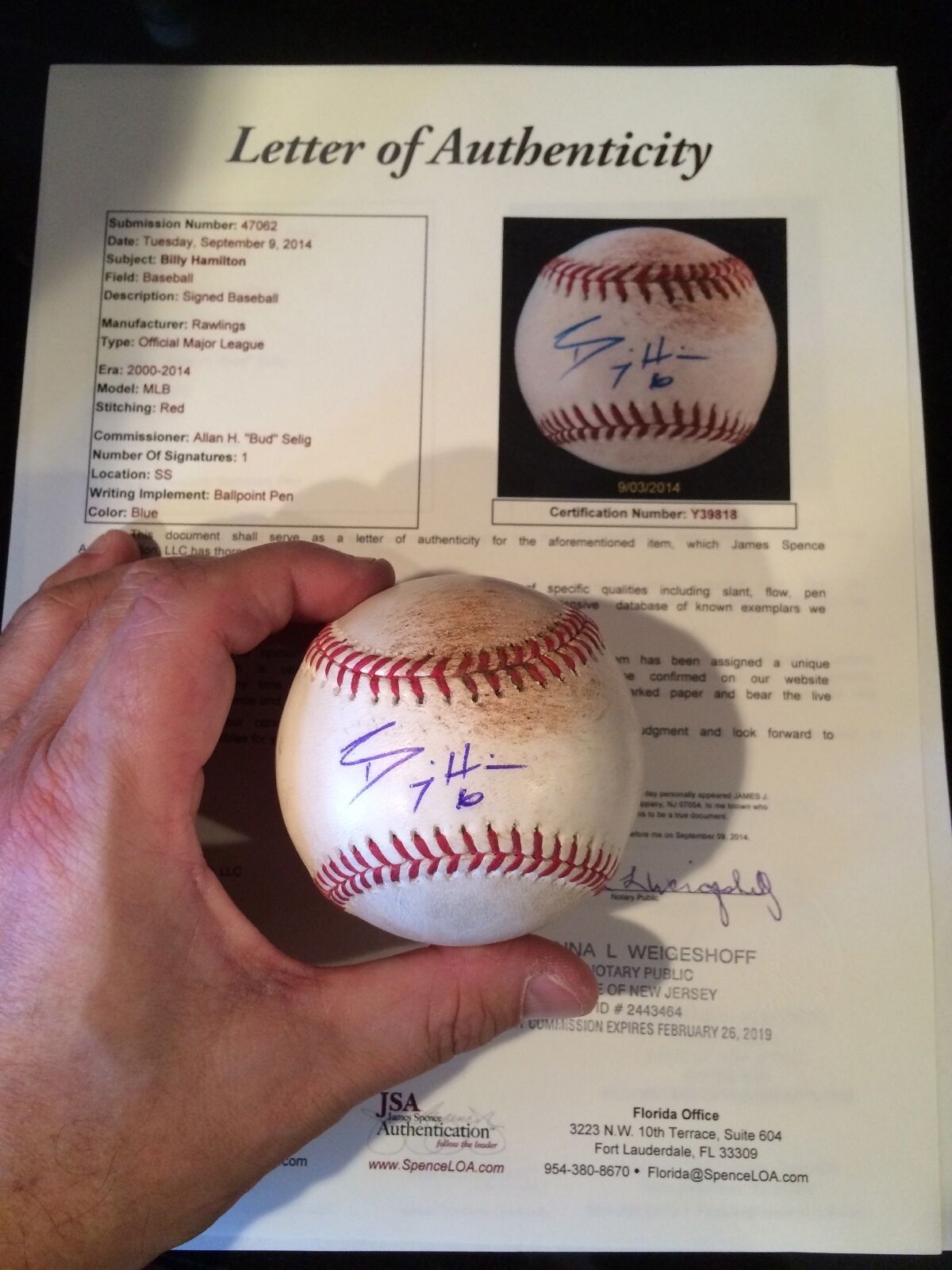BILLY HAMILTON SIGNED MLB DEBUT BALL-ROOKIE RECORD HOLDER SB MLB/JSA-REDS PHENOM