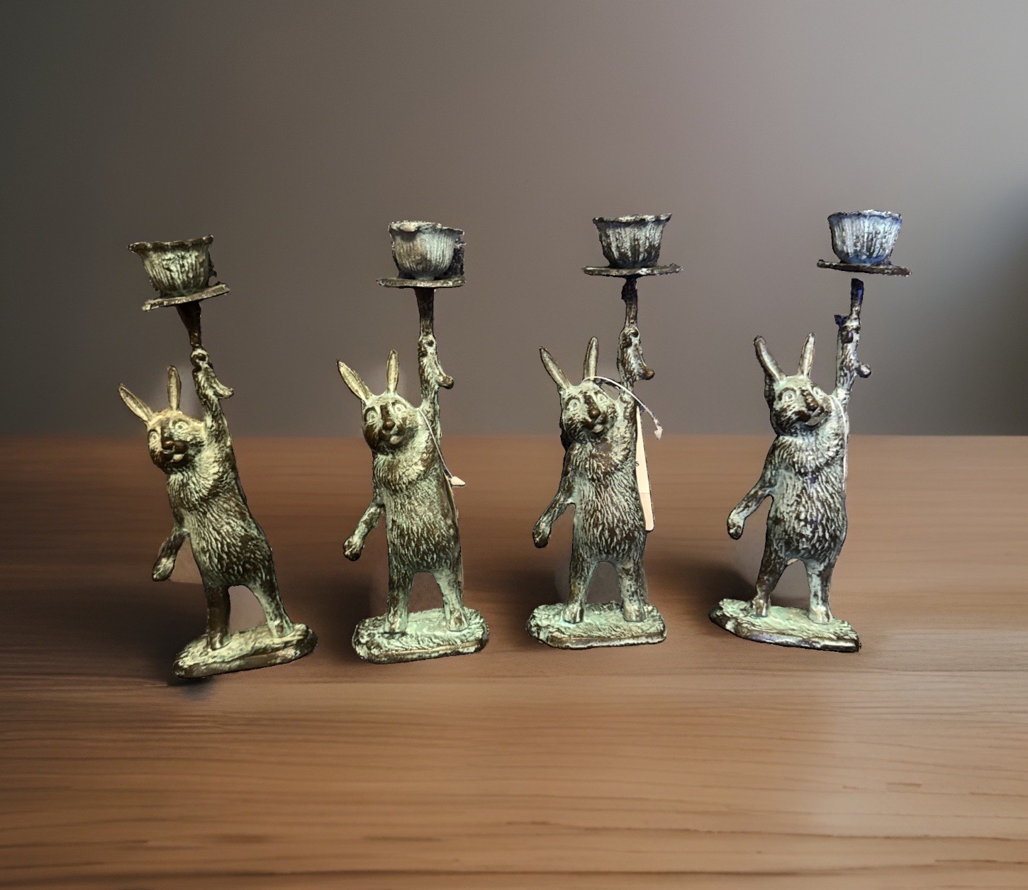 Vintage 1980s Rabbit Bunny Candle Holders Set of 4 Verdigris Metal Korea