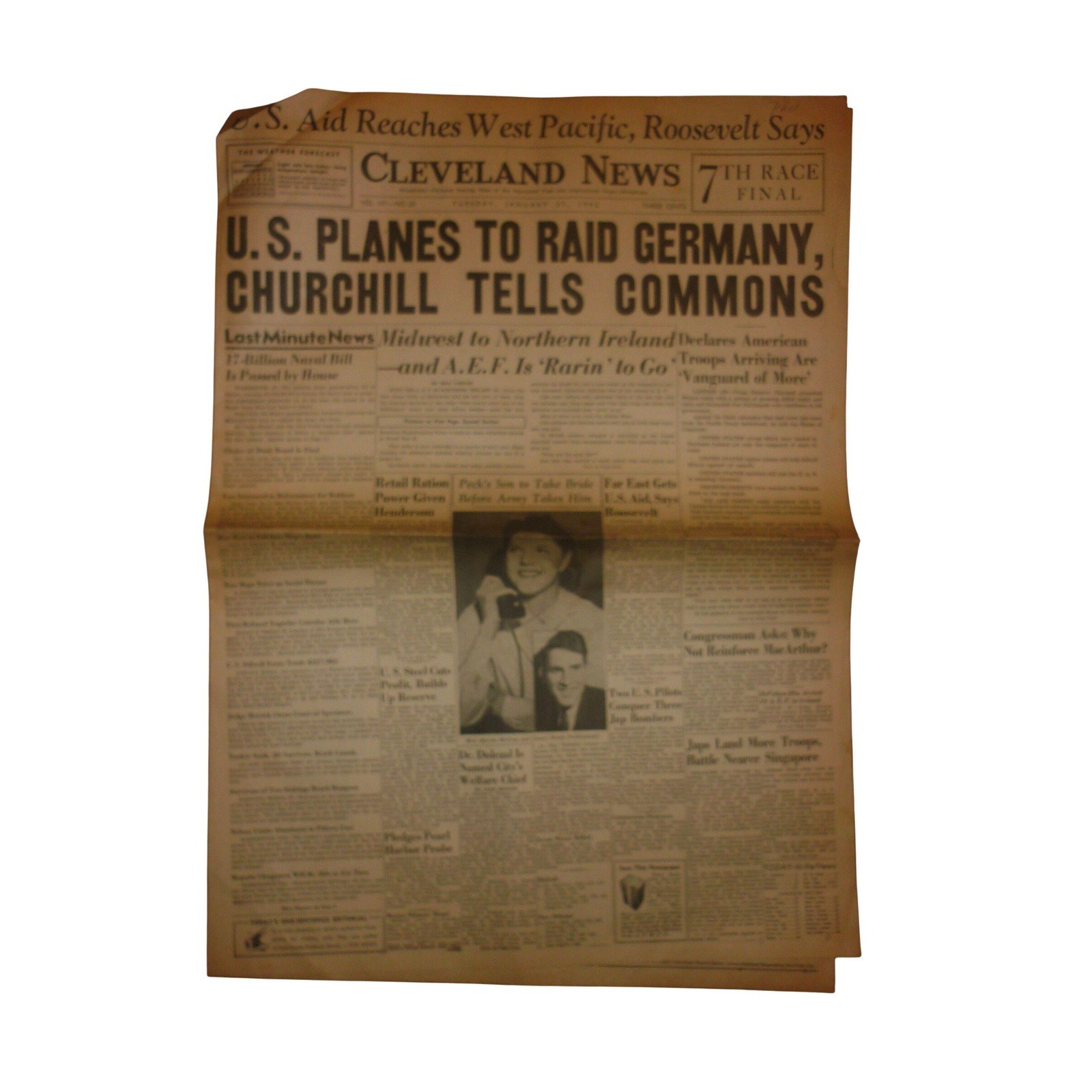 Vintage 1942 Cleveland News WWII Newspaper Churchill U.S. Raid Germany Headline