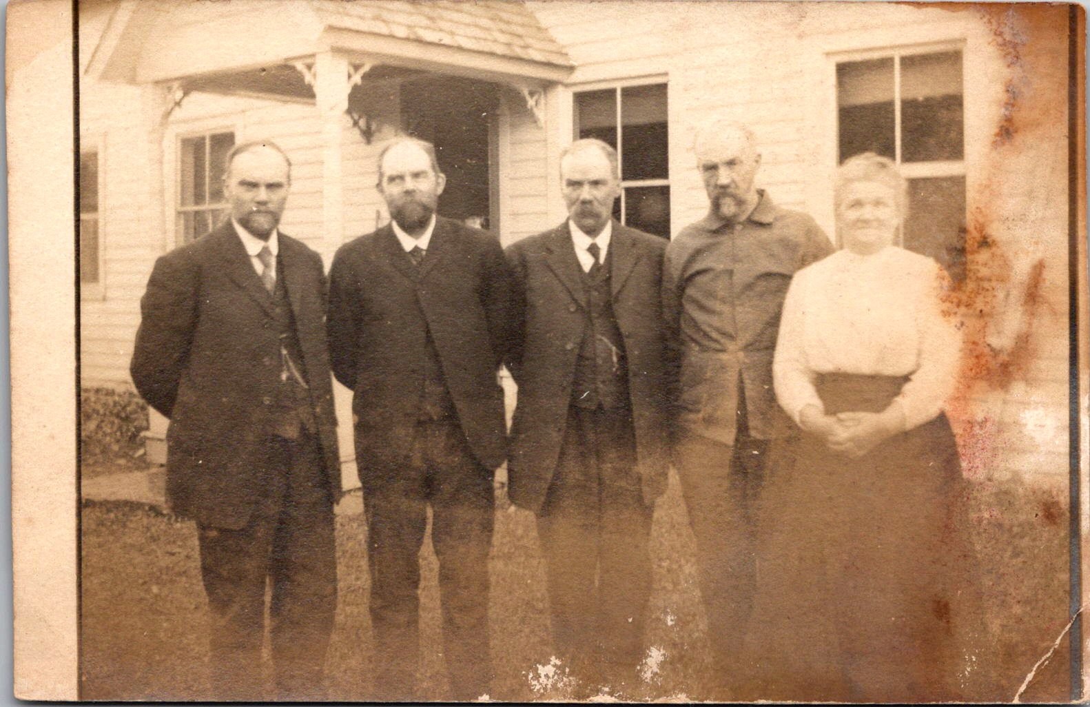 1910 RPPC Four Men and Woman Outside House Vintage Postcard 4P24-26