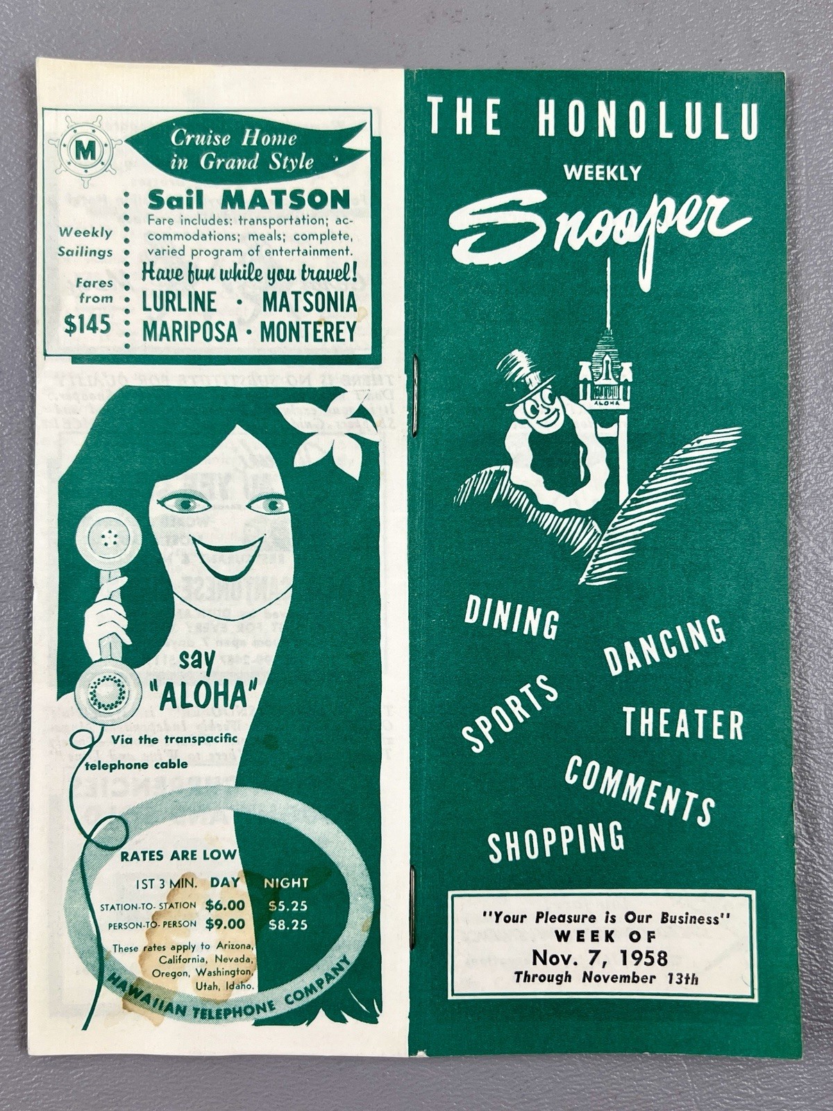 Vintage The Honolulu Weekly Snooper Week Of Nov 7, 1958 Advertisement Vintage The Honolulu Weekly Snooper Week Of Nov 7, 1958 Advertisement