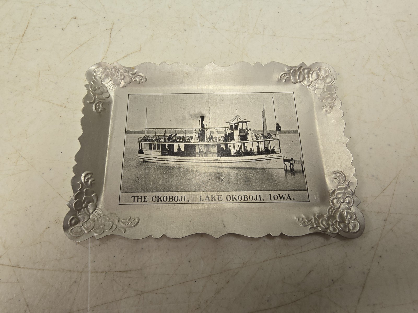 Antique Lake Okoboji Iowa Steamboat Advertising Souvenir Aluminum Tip Tray Antique Lake Okoboji Iowa Steamboat Advertising Souvenir Aluminum Tip Tray