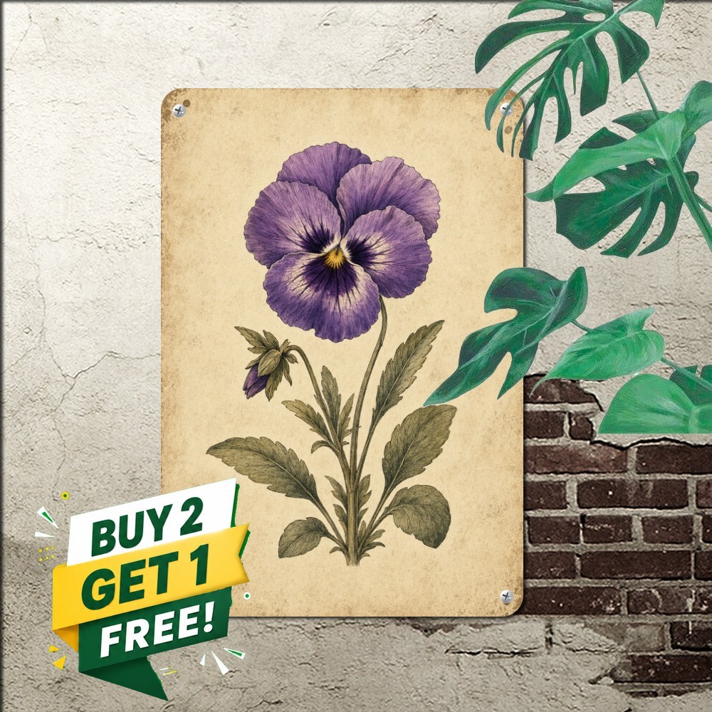 vintage botanical flower illustration purple pansy bloom aged