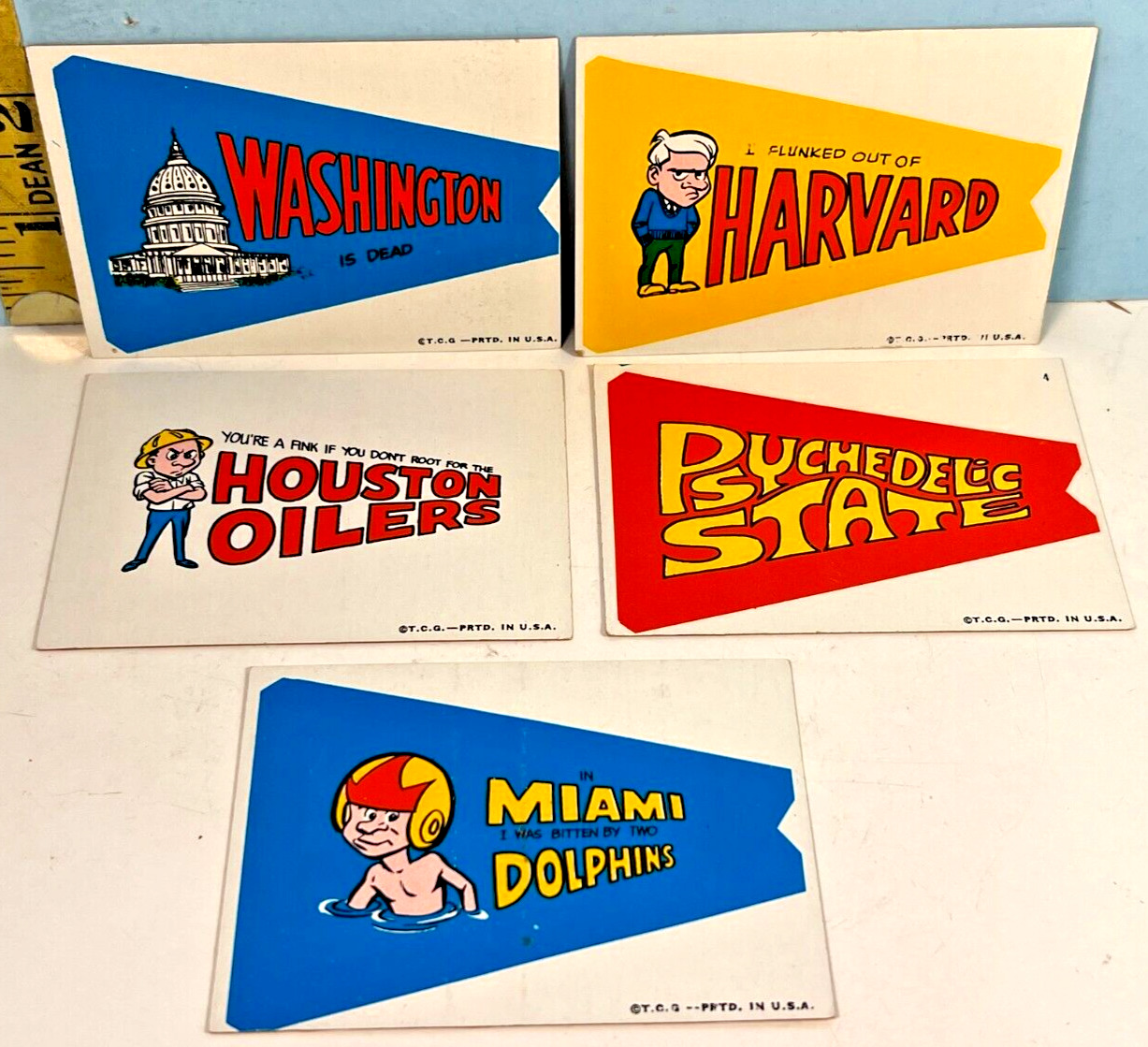 1967 Topps Krazy Pennants Lot of 5: Miami, Houston, Psychedelic, Harvard, Wash😻